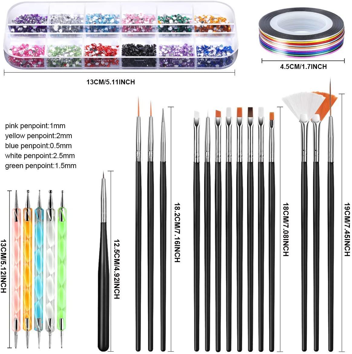 Nail Art Brushes Kit Nail Design Decorations Set Dotting Tools Multicolor Nail Rhinestone