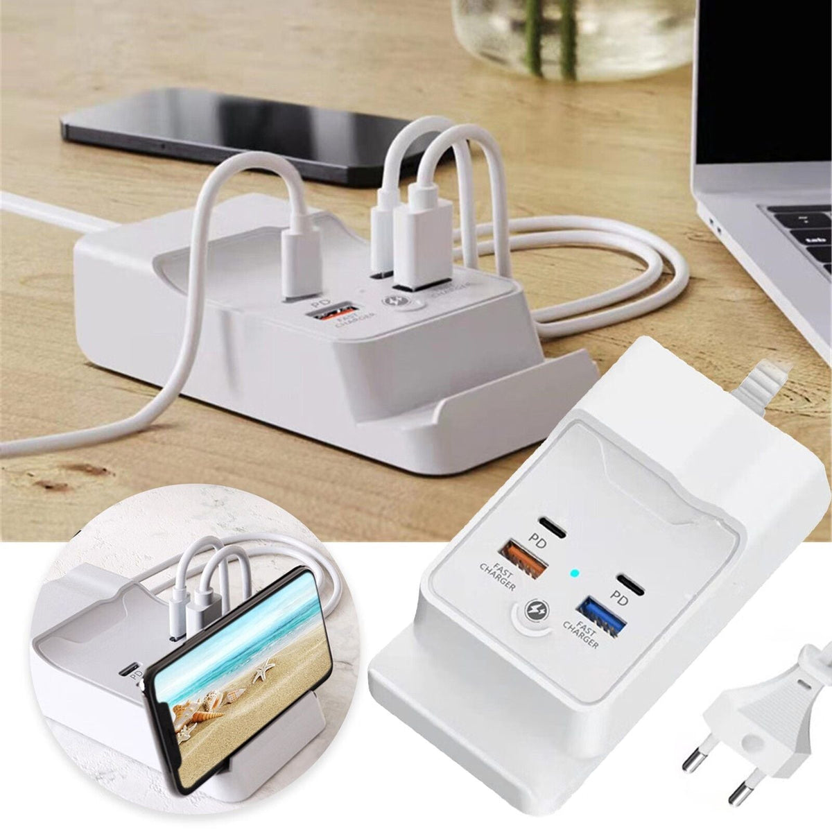 4 Port USB Charger 20W Fast Charging Hub With Phone Holder For Multiple Devices