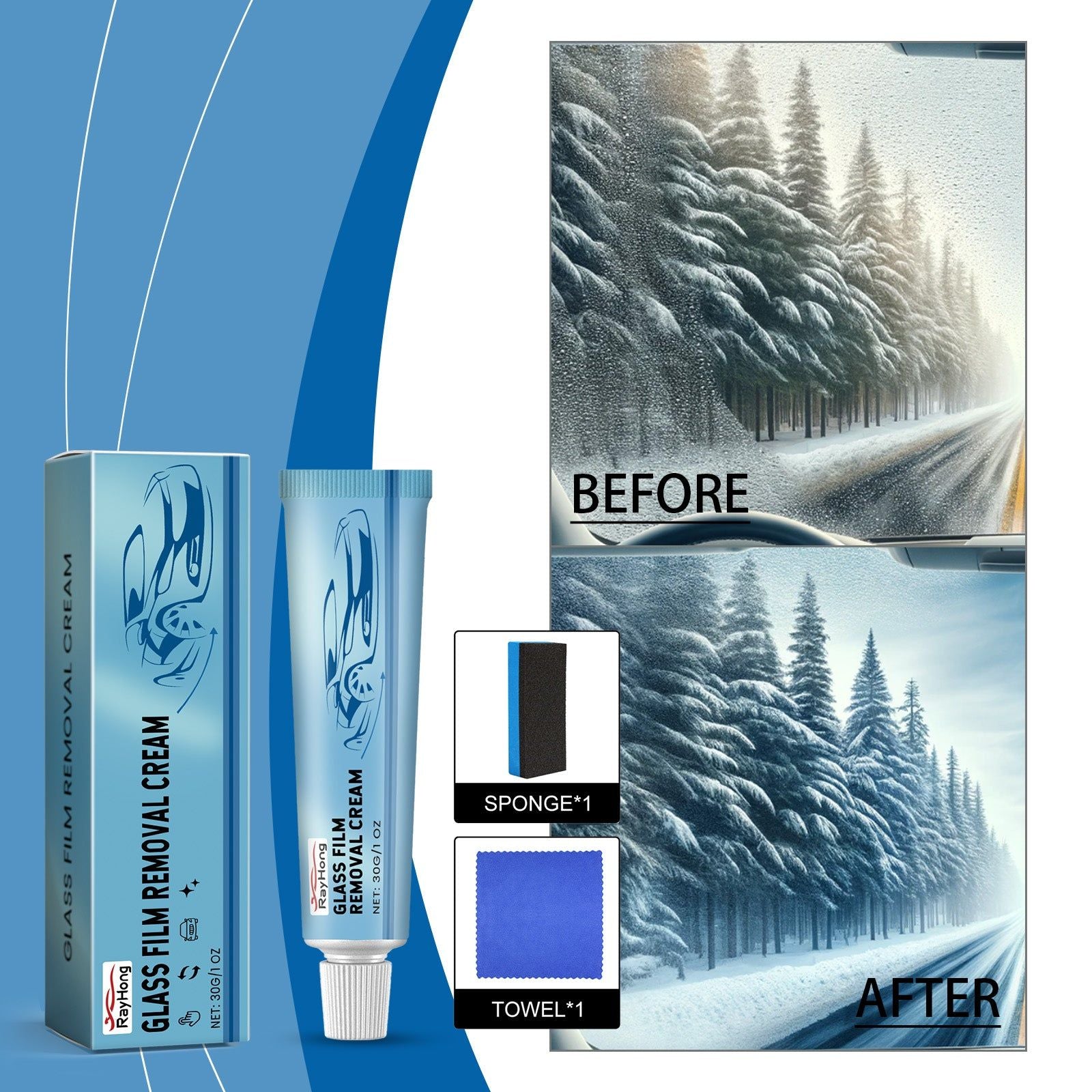 Car Glass Oil Film Cleaner, Anti-Rain, Anti-Fog, Windshield Wiper, Easy to Use ,1set