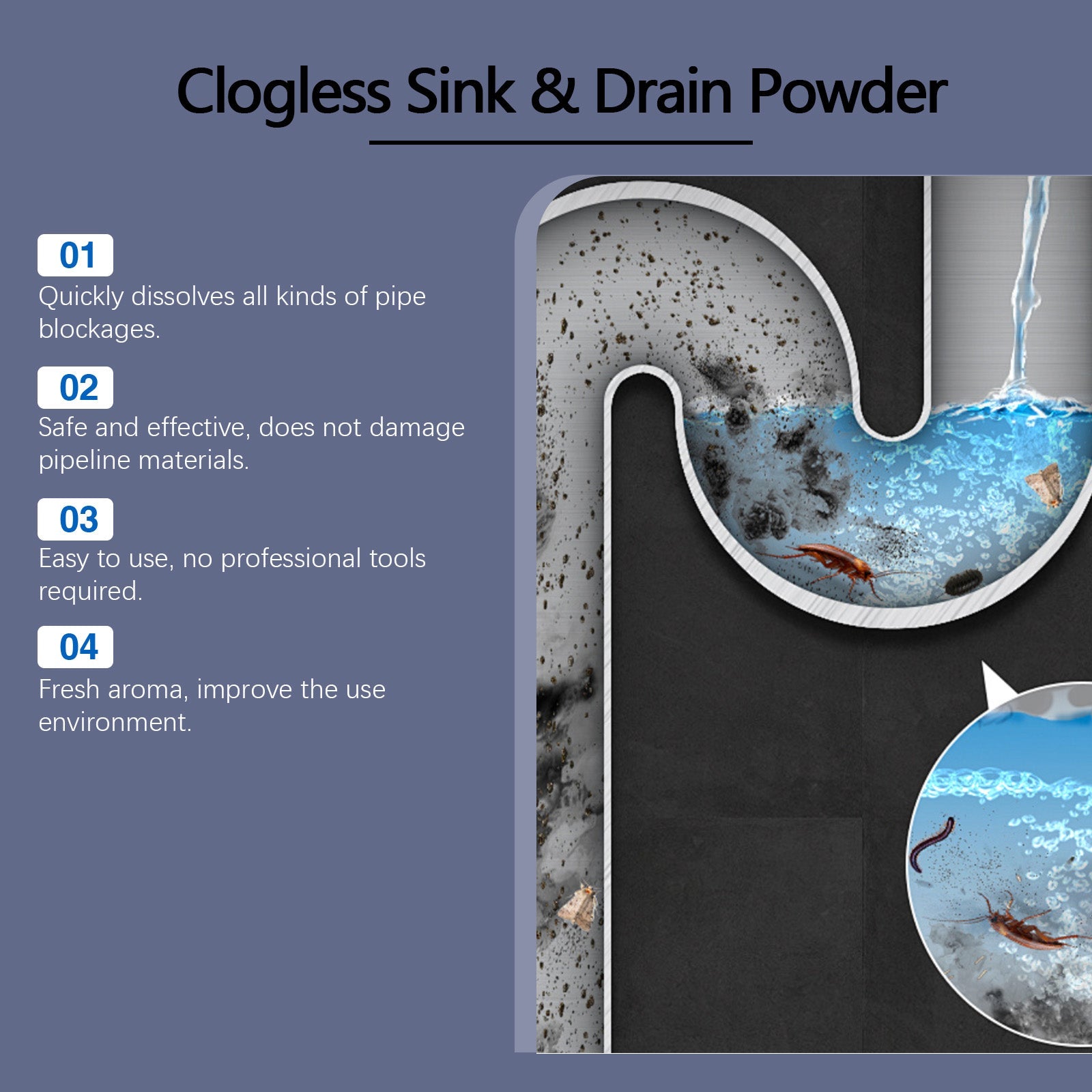 Fast Pipe Dredging Powder, Eco-Friendly Drain Cleaner for Blockages, Odor Removal ,25g+5g