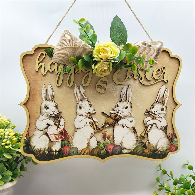 Easter Bunny Door Sign Wooden Decorative Wreath Door Hanging Sign Gifts