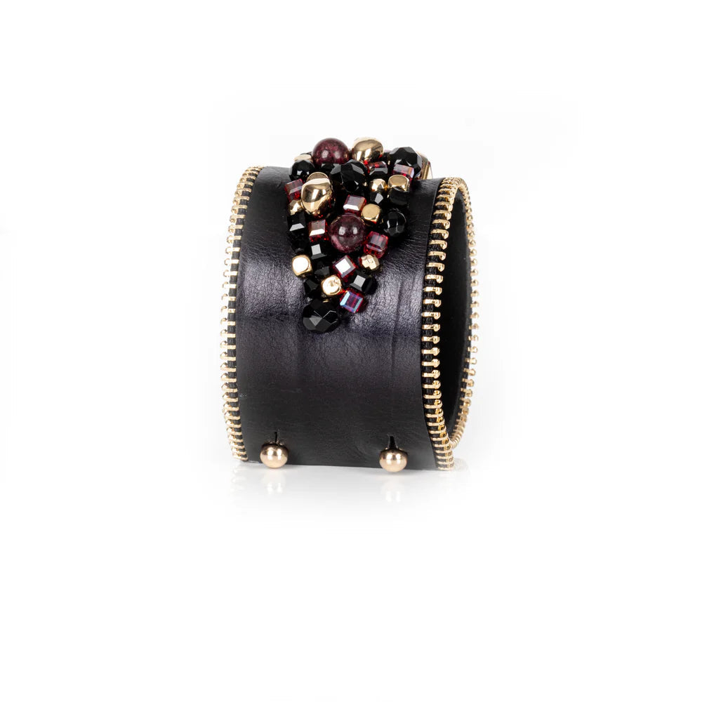 The Dark Black Leather Crystal Statement Cuff Ruby Glass & Gold Zip