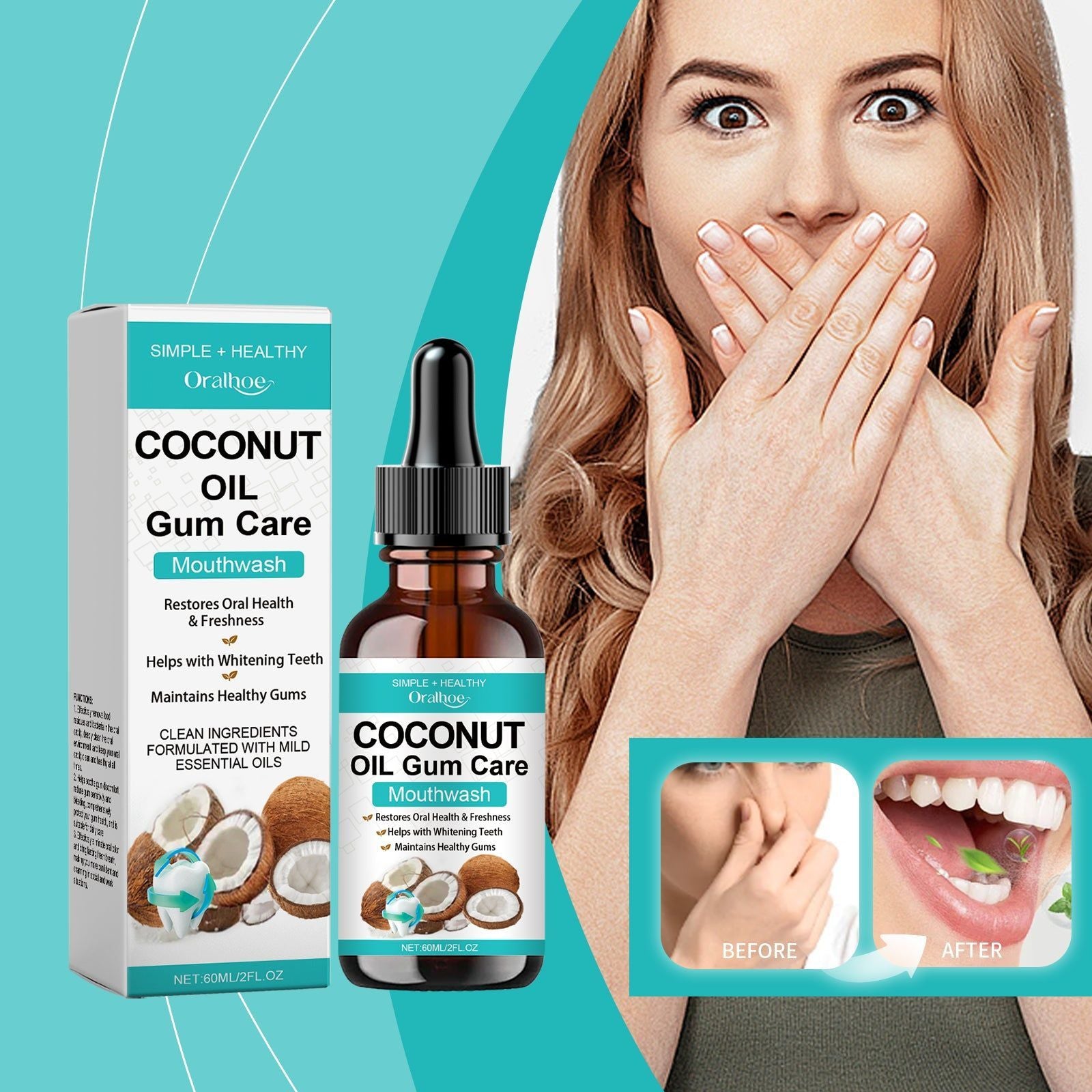 Coconut Oil Mouthwash for Fresh Breath, Oral Odor Treatment, Gentle Daily Dental Care ,60ml