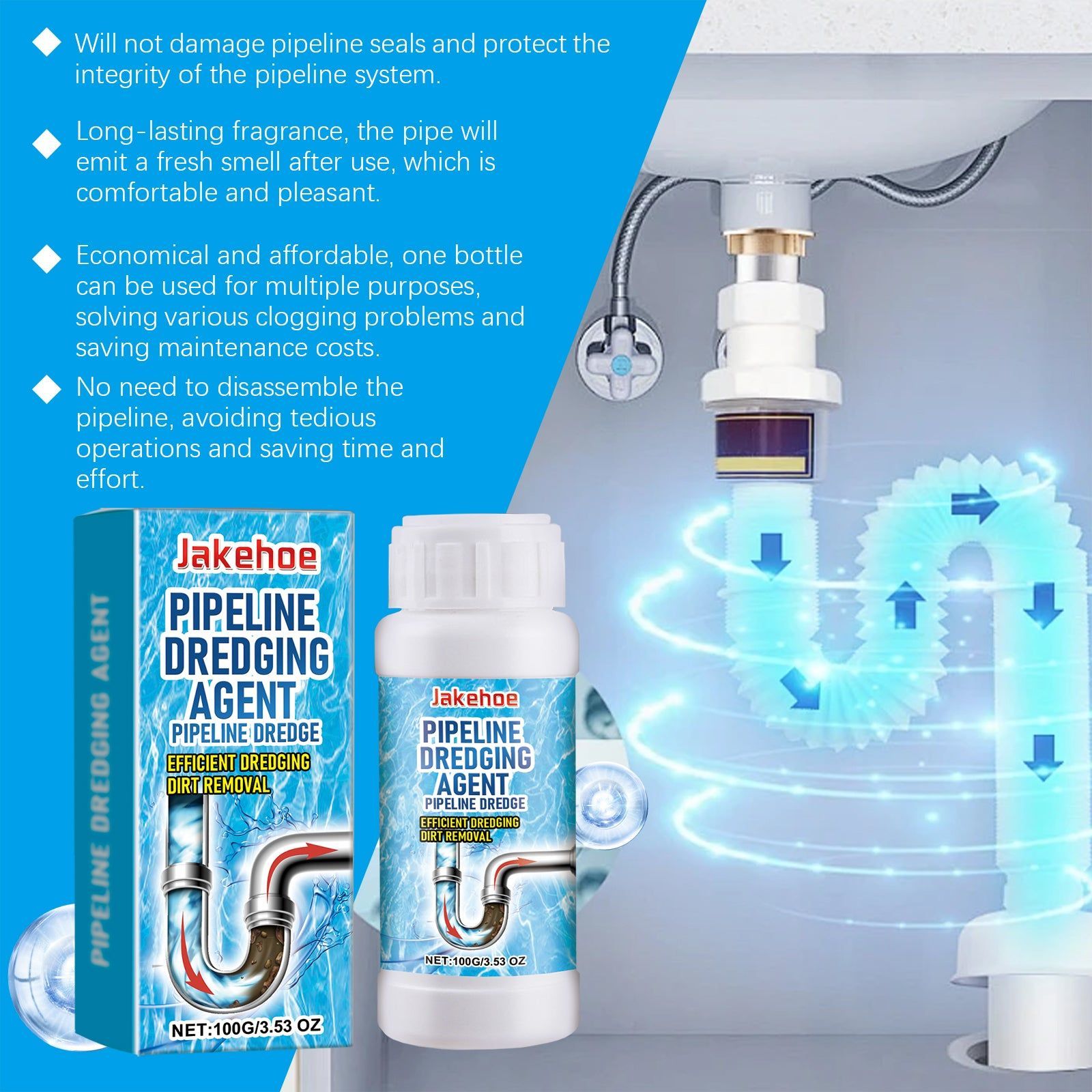 Pipe Unclog Agent, Fast Drain Cleaner, Safe, Eco-Friendly, Kitchen Bathroom ,100g