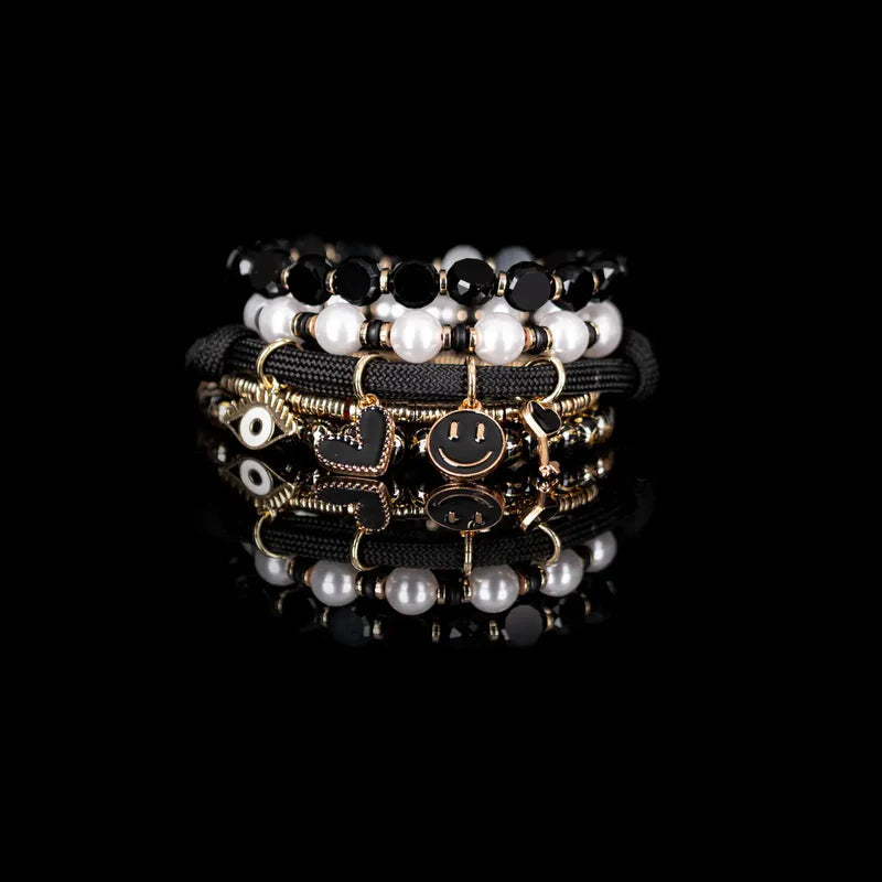 The Dark Black Pearl Charm Stack Bracelet