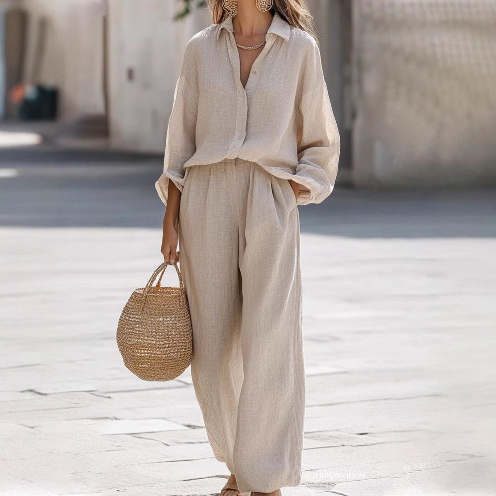 Women's Cotton Casual Lapel Shirt & Long Pants Set