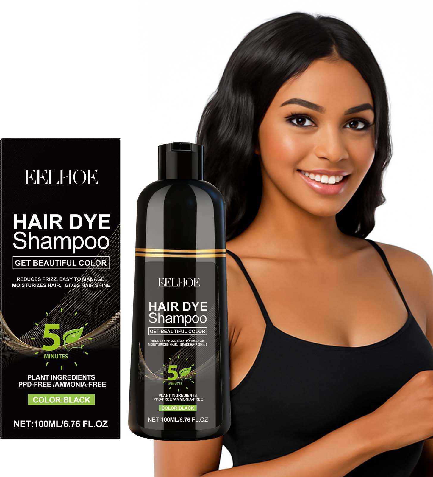 Black Hair Shampoo, Natural Hair Color, Moisturizing, Smooth, Shine ,100ml