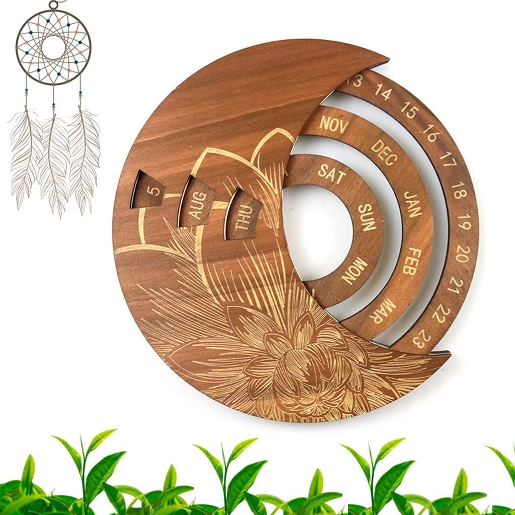Round Moon Wooden Perpetual Wall Hanging Calendar Birthday Reminder Home Ornament