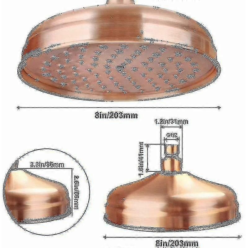 Copper Shower Head, 20cm (8 Inch) Diameter, High Pressure Fixed Shower Head With Adjustable Angle Shower Head Rain Shower Head - Gold zxin