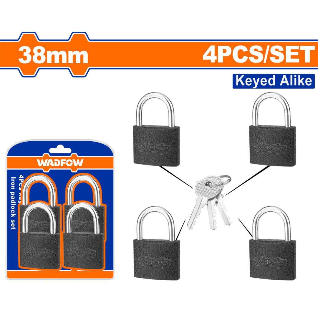 مجموعة أقفال حديدية متشابهة من WADFOW مكونة من 4 قطع، 38 مم، قفل فردي 146 جم، هيكل حديدي، أسطوانة نحاسية، 3 مفاتيح حديدية لكل قفل، عبوة مزدوجة