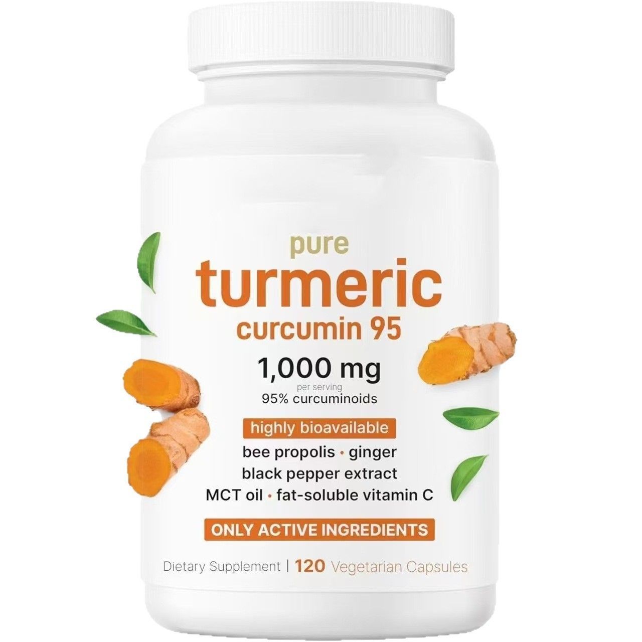 Pure Turmeric Curcumin 95 Complex 1000mg, 6‑in‑1 Supplement with Ginger, Bee Propolis, Black Pepper Extract, MCT Oil & Fat‑Soluble Vitamin C, 120 Vegetarian Capsules