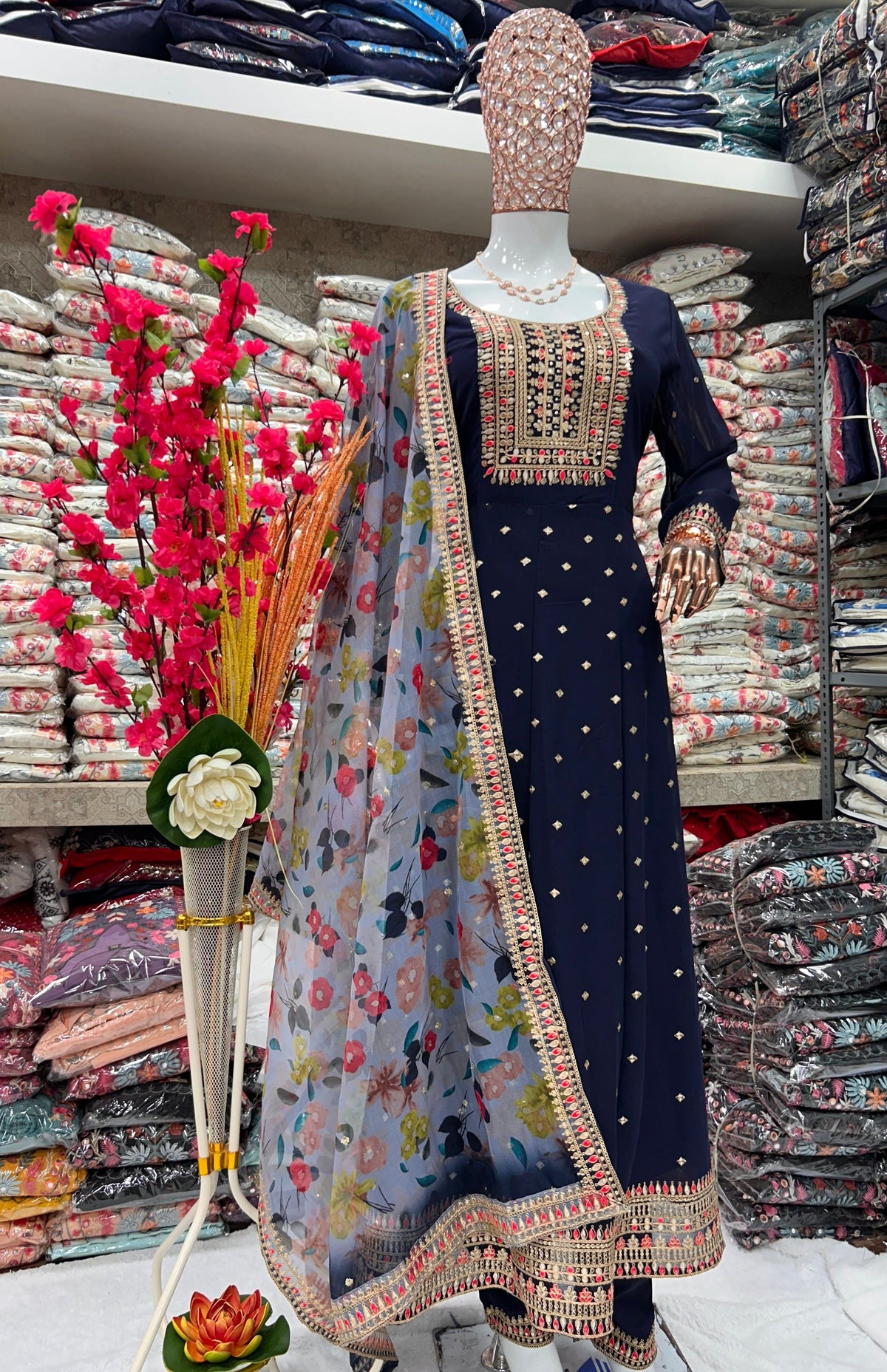 Fab Zone Fox Georgette Embroidered Anarkali Gown with Organza Dupatta Set For Women