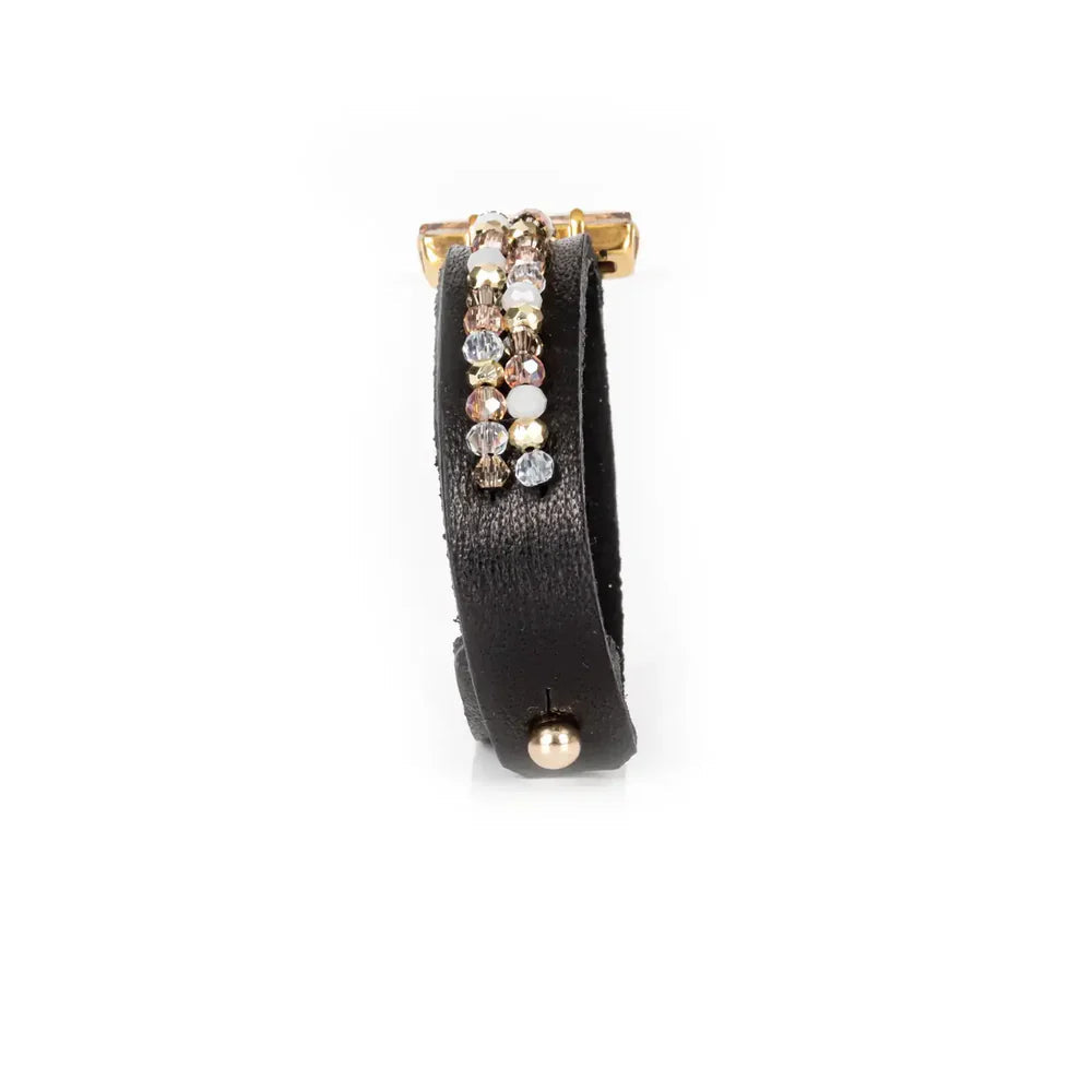 The Dark Black Leather Cuff with Champagne Crystal Bar and Vertical