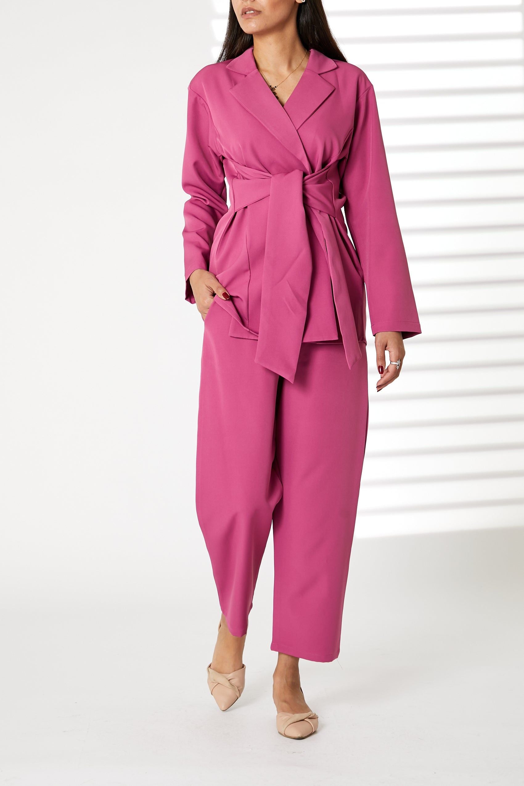 MOiSTREET Pink Barbie Crepe Fabric Blazer and Pants Set