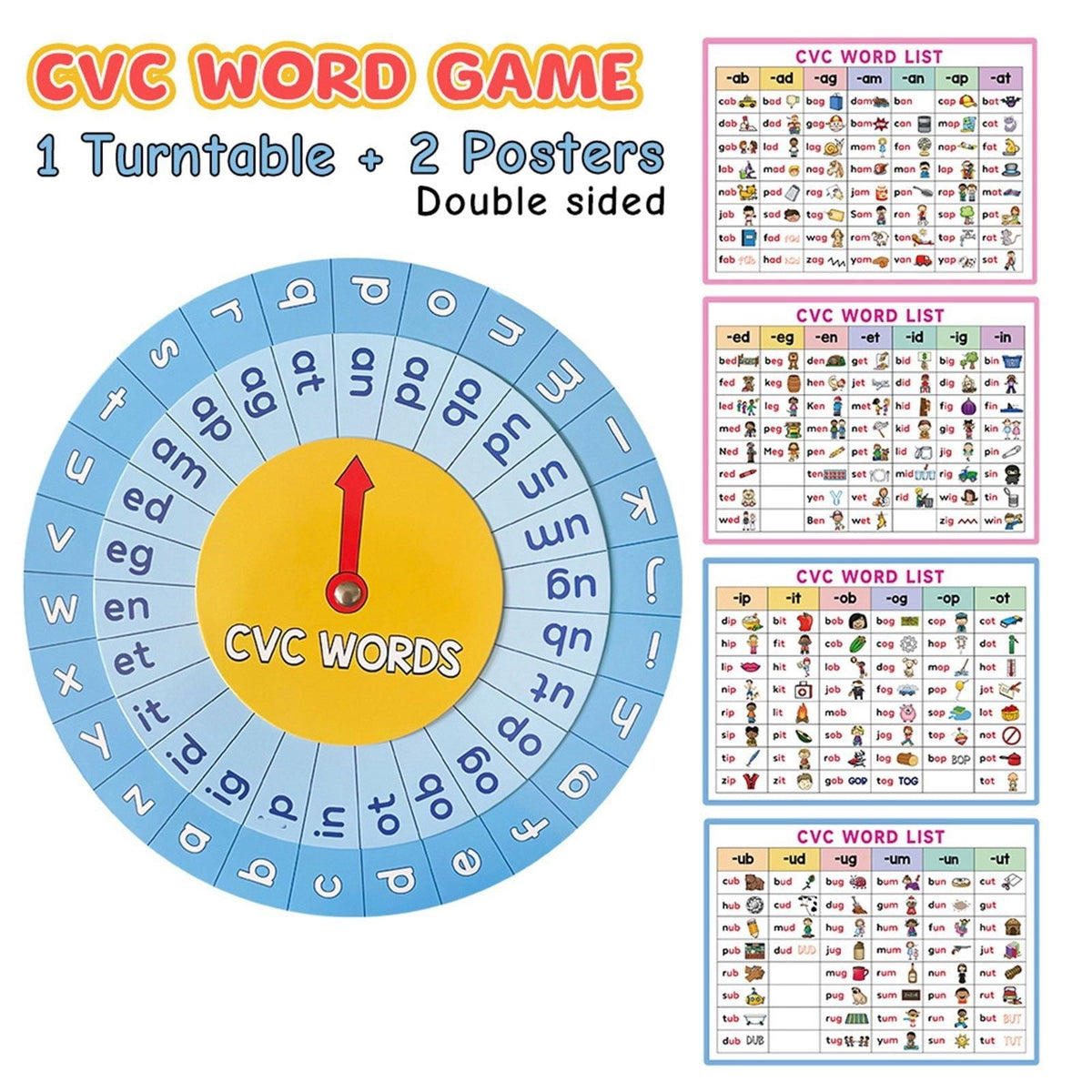 CVC Phonics Turntable Learn to Read Spinner Game CVC Word List Educational Tool for Language Learning