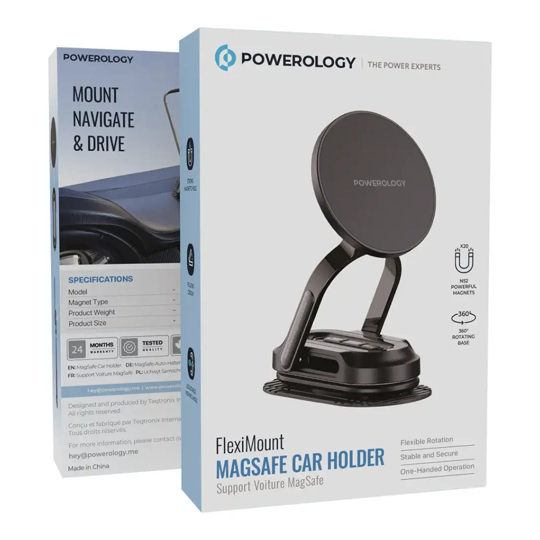 Powerology FlexiMount MagSafe Car Holder, 360° Rotating Base, Black