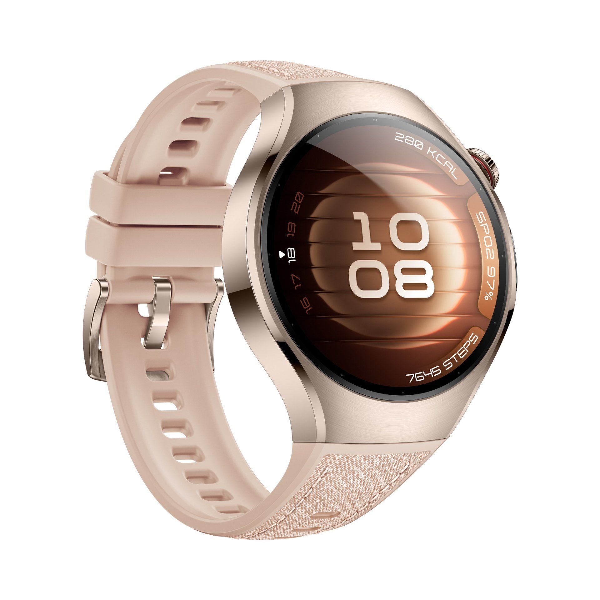 ساعة Huawei Smart Watch 5 42 مم SOC-AL00، هيكل من الفولاذ المقاوم للصدأ باللون الذهبي الرملي مع حزام باللون البيج