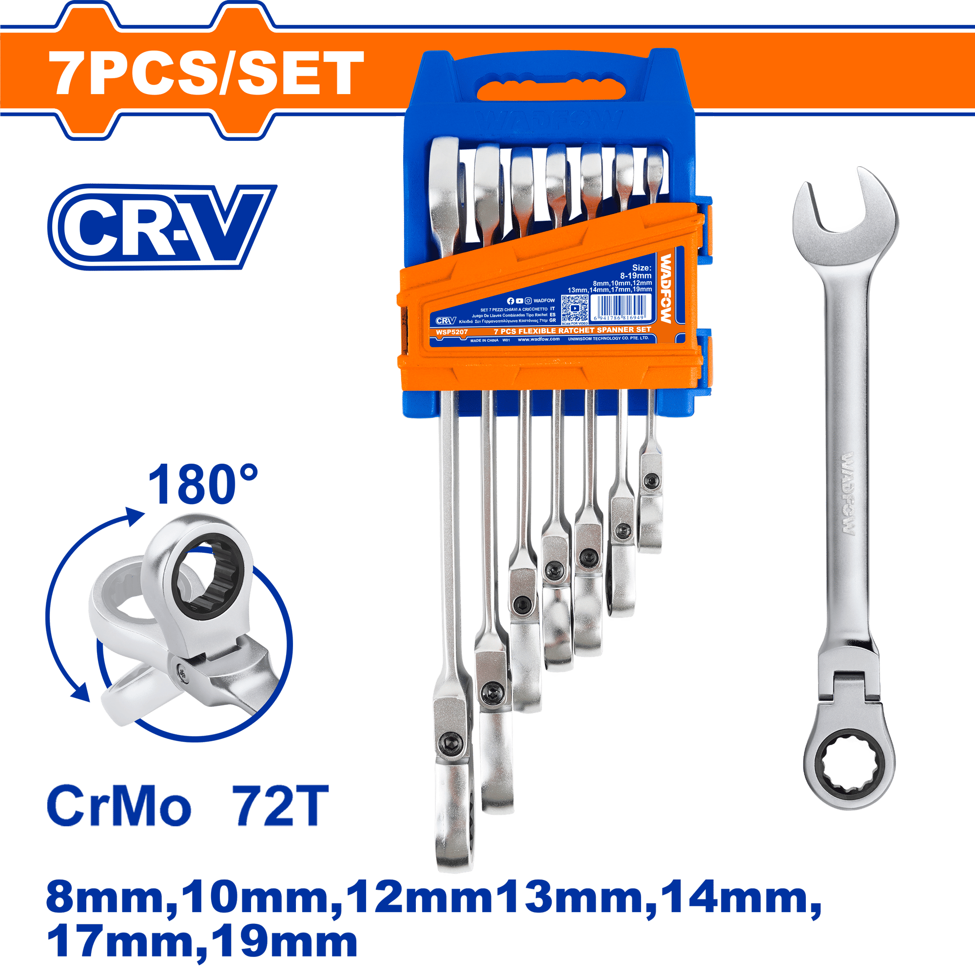 WADFOW 7 Piece Flexible Ratchet Spanner Set, 8-19 mm, Cr-Mo Ratchet Heads, CR-V Polished, Plastic Hanger