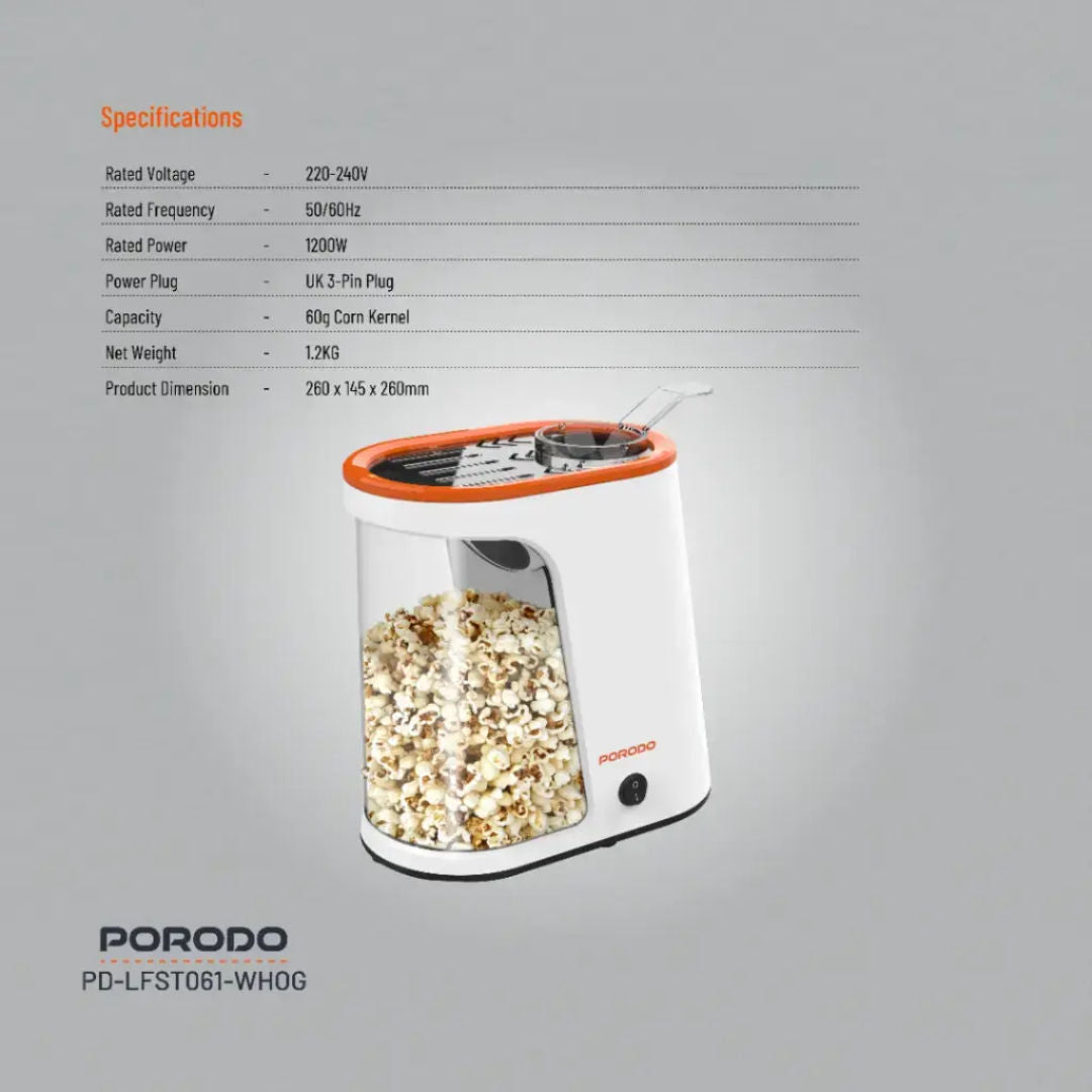 Porodo Lifestyle Air-Popped Popcorn Maker, White/Orange