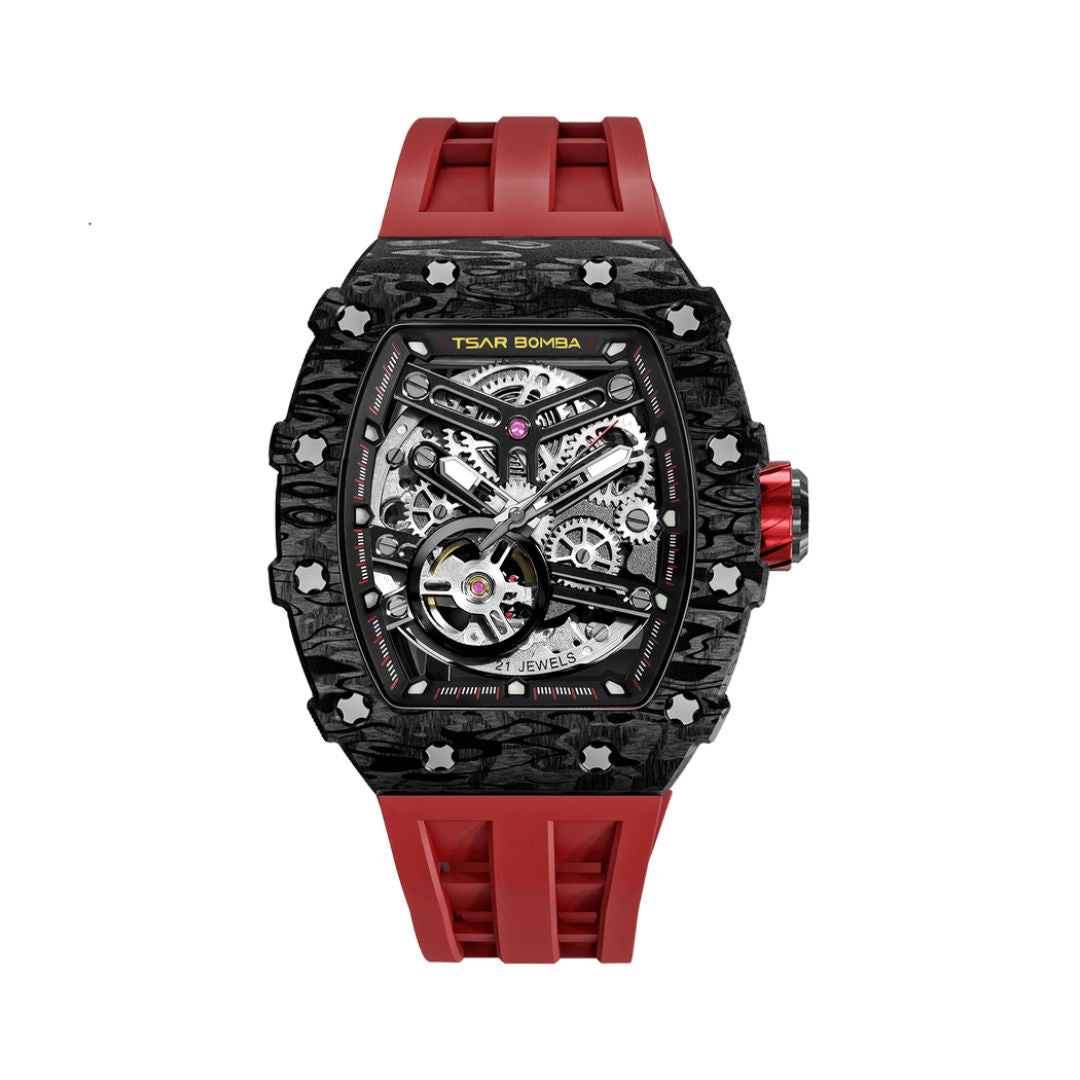 TSAR Bomba Men's Elemental Carbon Fiber Automatic Black Case Red Silicon Watch