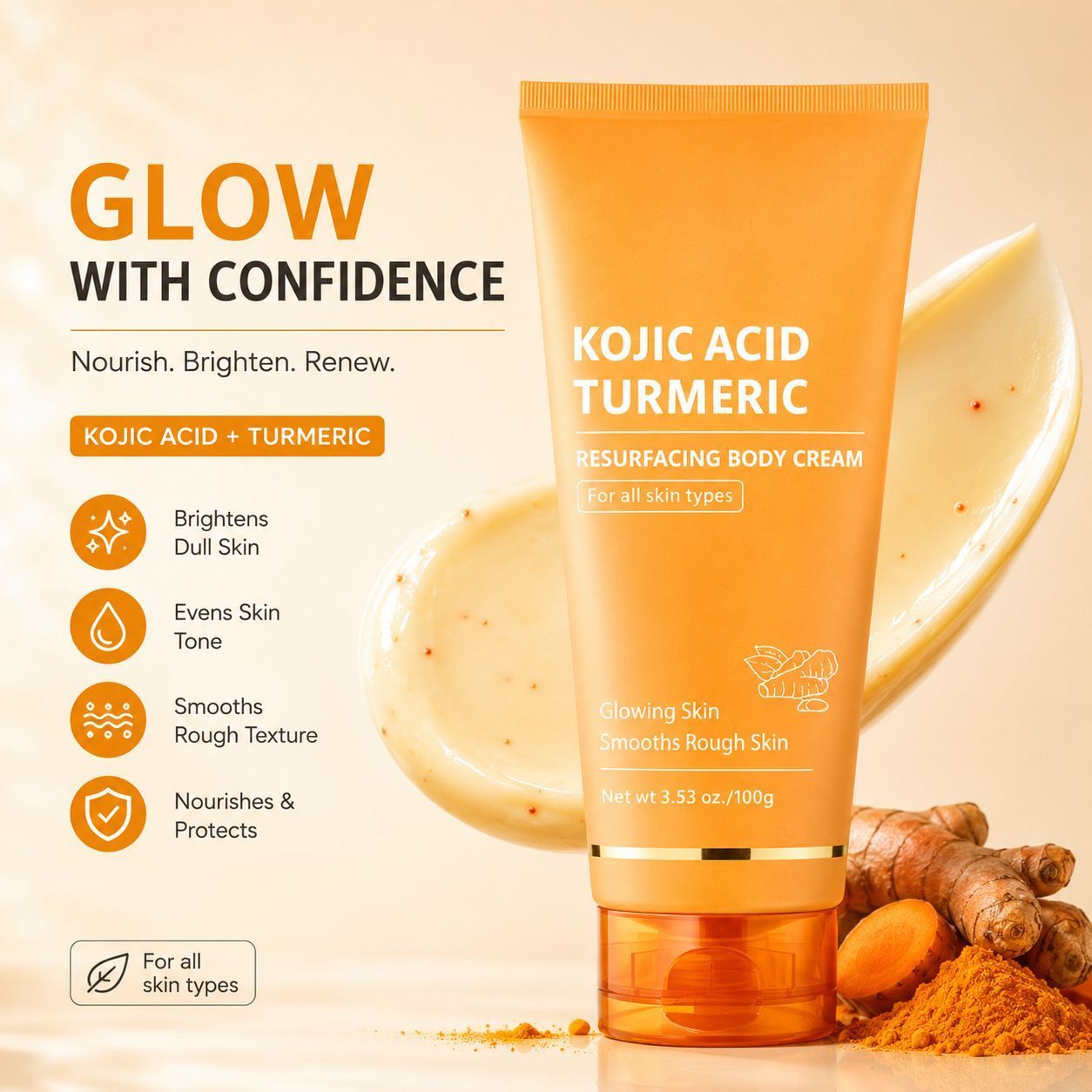 Kojic Acid Turmeric Resurfacing Body Cream - 100g Moisturizing & Brightening Lotion for All Skin Types