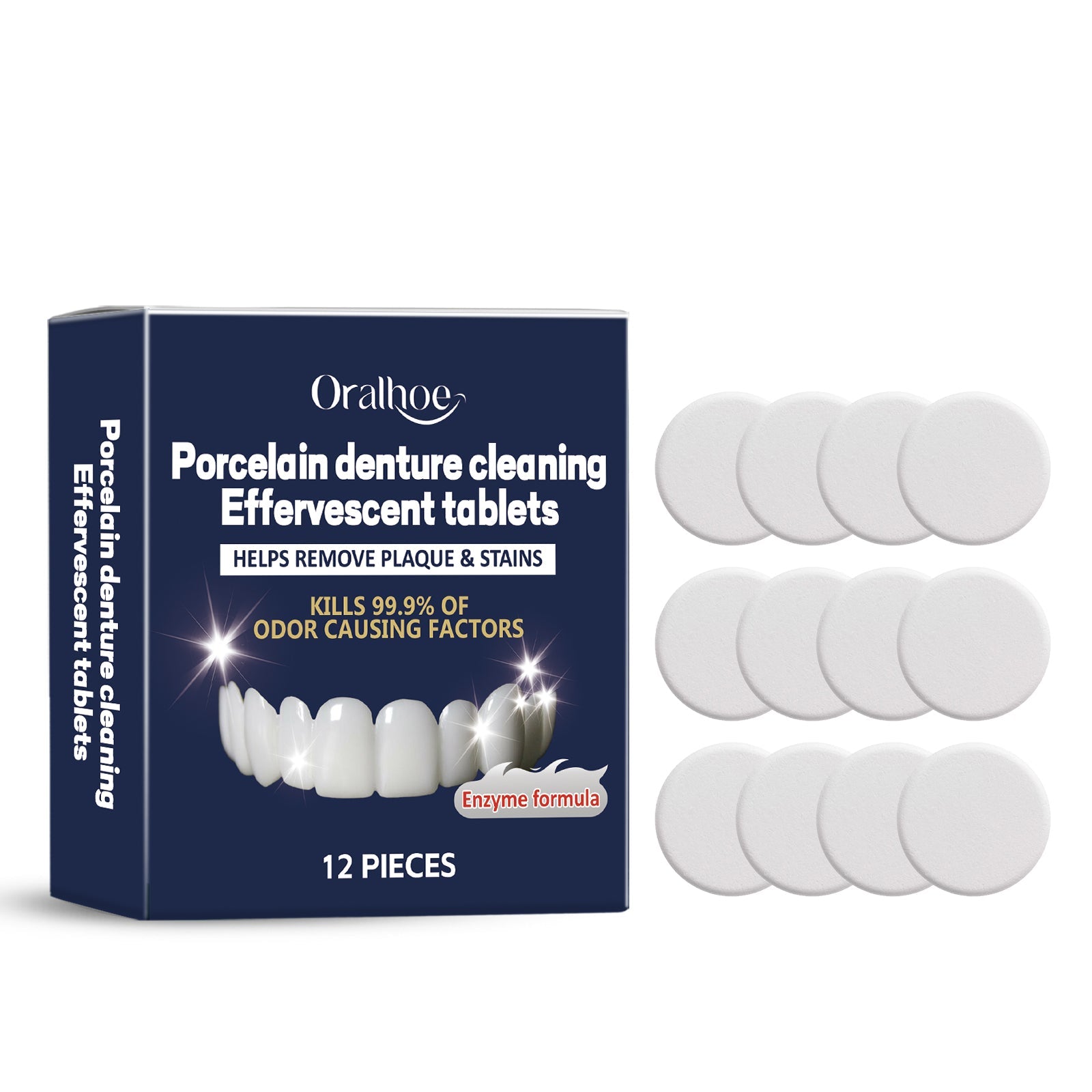 Denture Cleaning Effervescent Tablets, Fresh Breath, Stain Removal, Bacteria Killer ,12pieces
