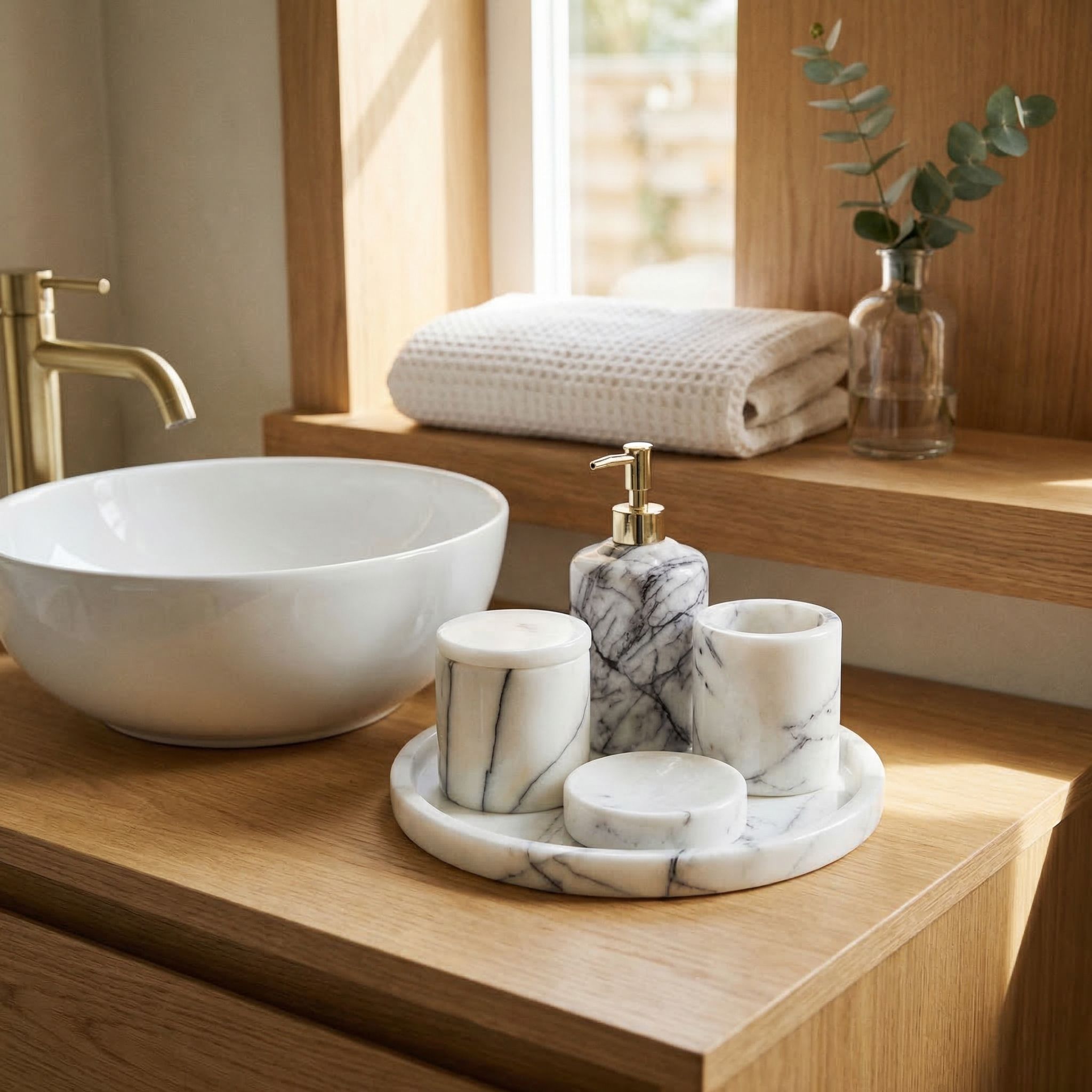 Luxury Marble Bathroom Set | Round Tray, Soap Dispenser, Organizer & Soap Dish | Modern Bathroom Decor Gift
