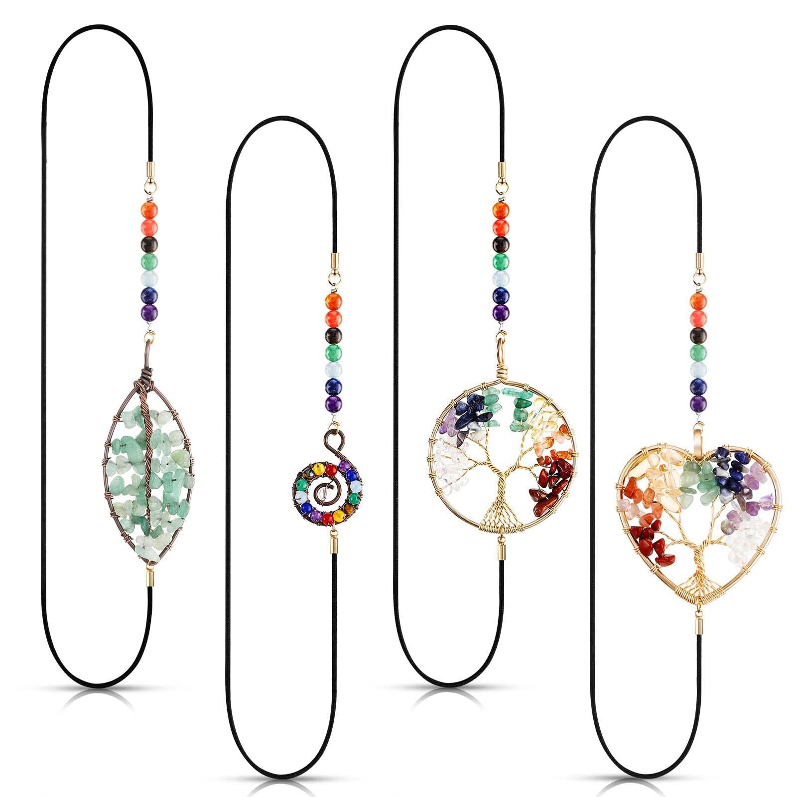 4Pcs Elastic Bookmarks Vintage Handmade Page Marker With Chakra Tree Pendant