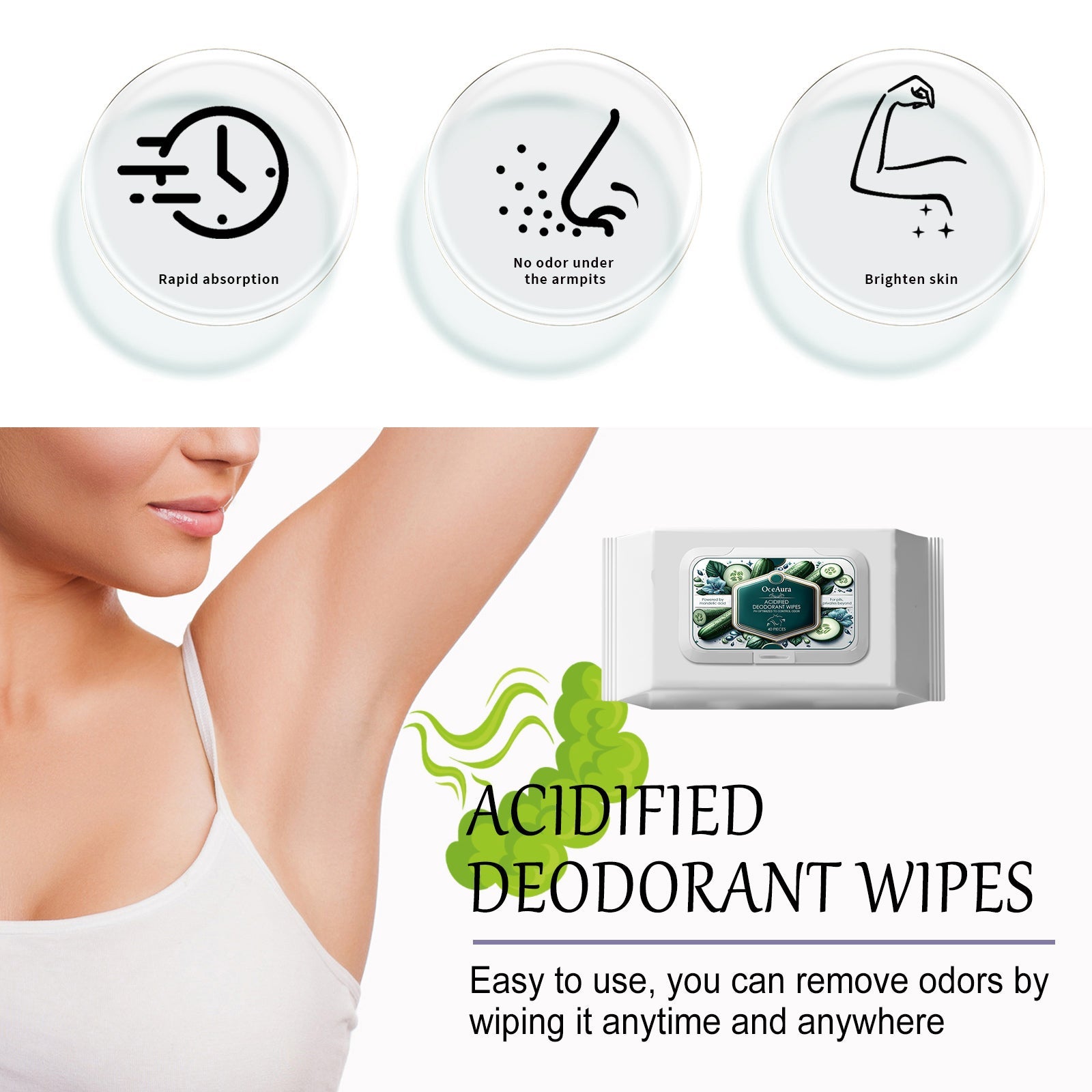 Acidified Deodorant Wipes for Body Cleansing, Odor Removal, Fresh Skin ,40pieces