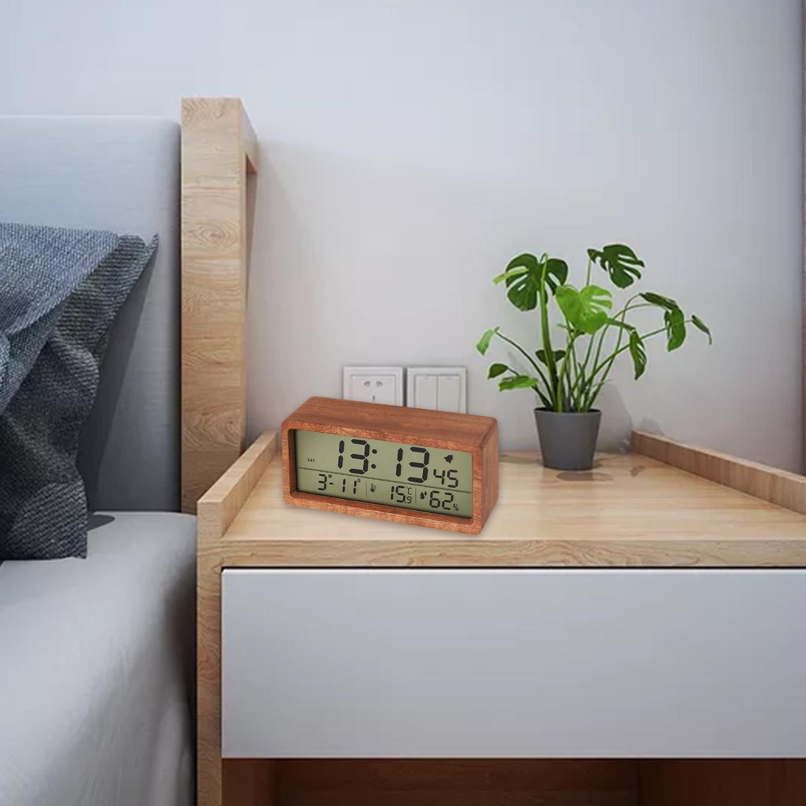 Wood Alarm Clock Humidity Temperature Portable Snooze Bedside Kids Room Table Clocks