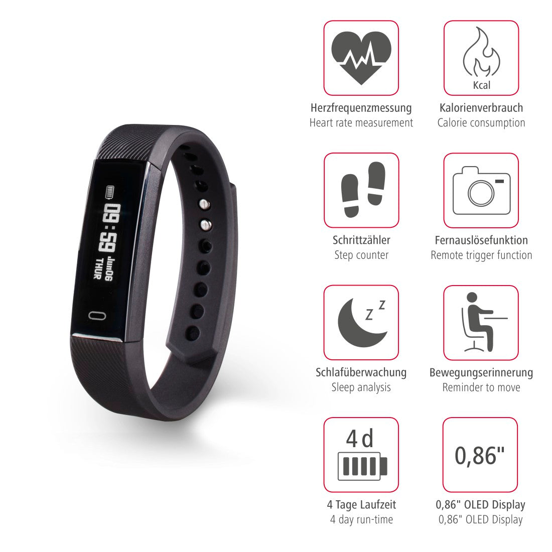 HAMA 178600 "Fit Track 1900" Fitness Tracker, Pulse Meter, Calories, Sleep Analysis