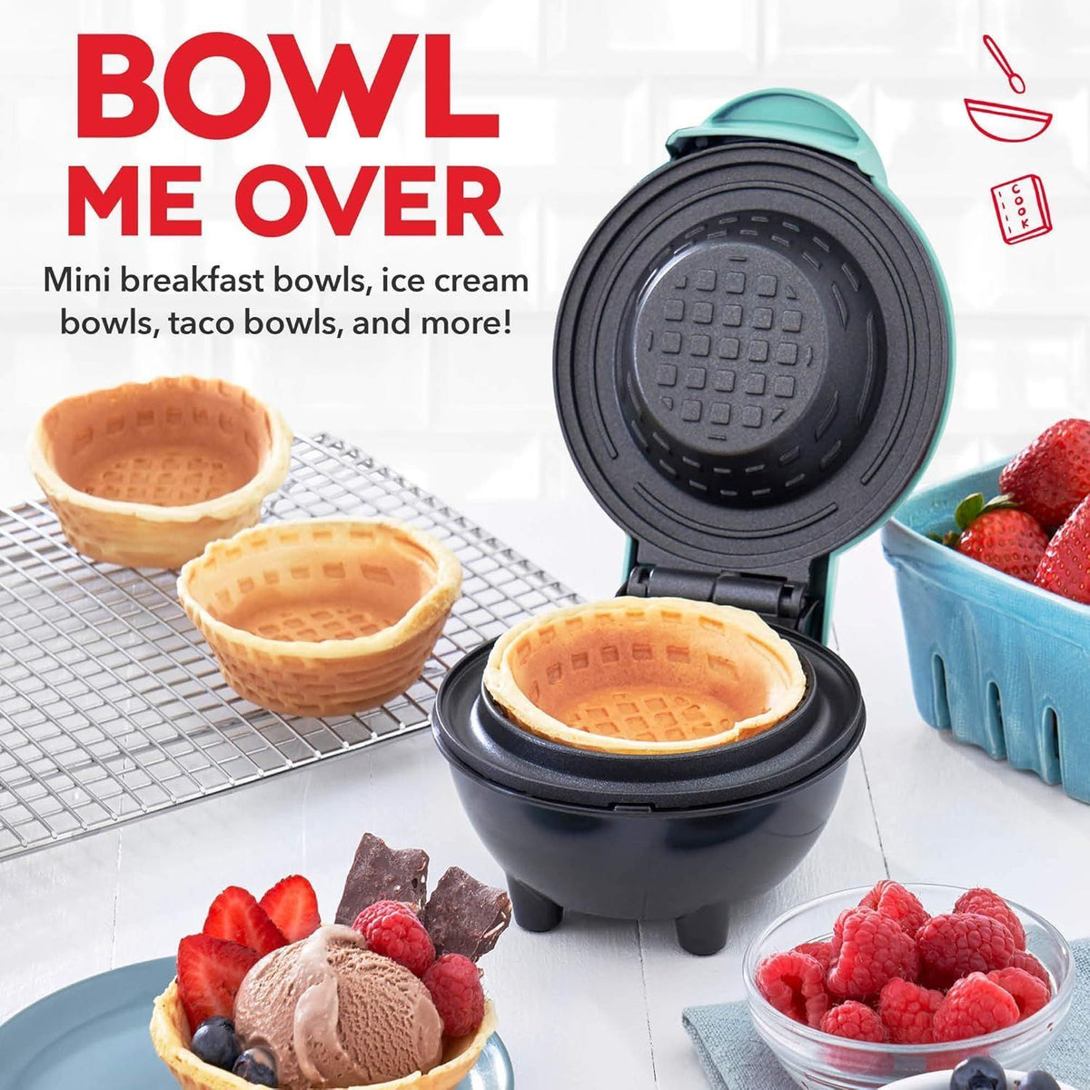 Mini Waffle Bowl Maker for Breakfast Burrito Bowls Ice Cream and Other Sweet Desserts