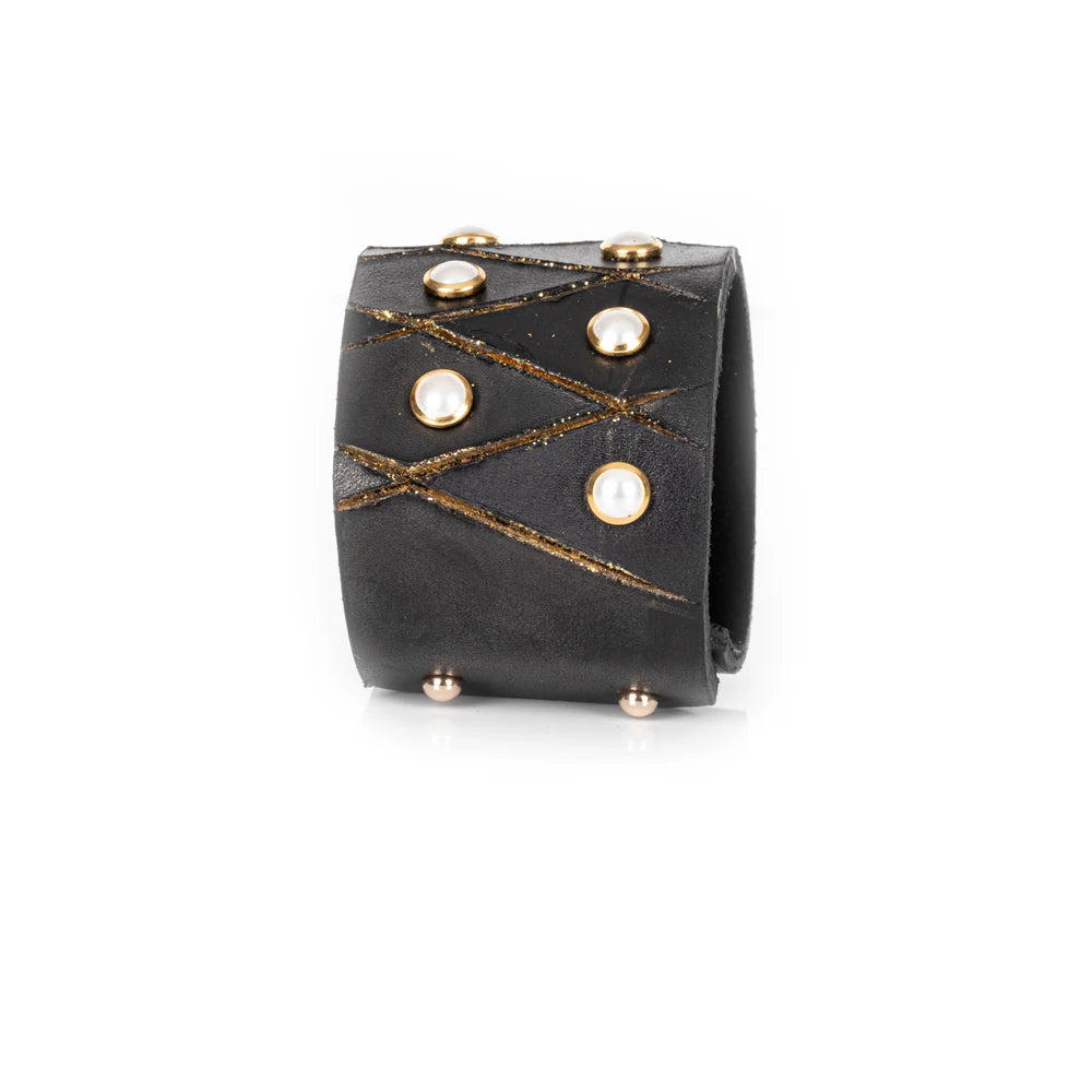 The Dark Black Leather Geometric Studded Cuff Bracelet with Pearl Accents