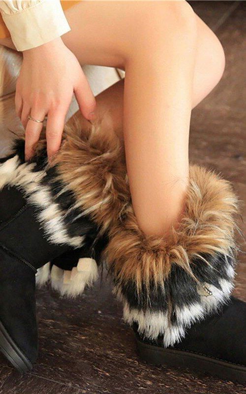 Winter Snow Boots Women Ankle Slip On Boots Faux Fox Rabbit Fur Suede Flat Shoes