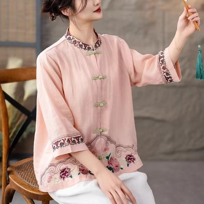 Chinese Style Cotton Linen Stand Collar Frog Button Long Sleeve Top