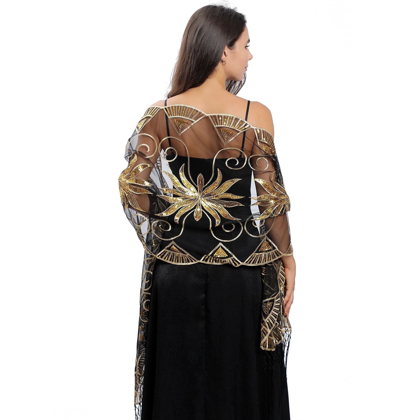 Black Silver Sequin Embroidered Shawl Wrap for Women