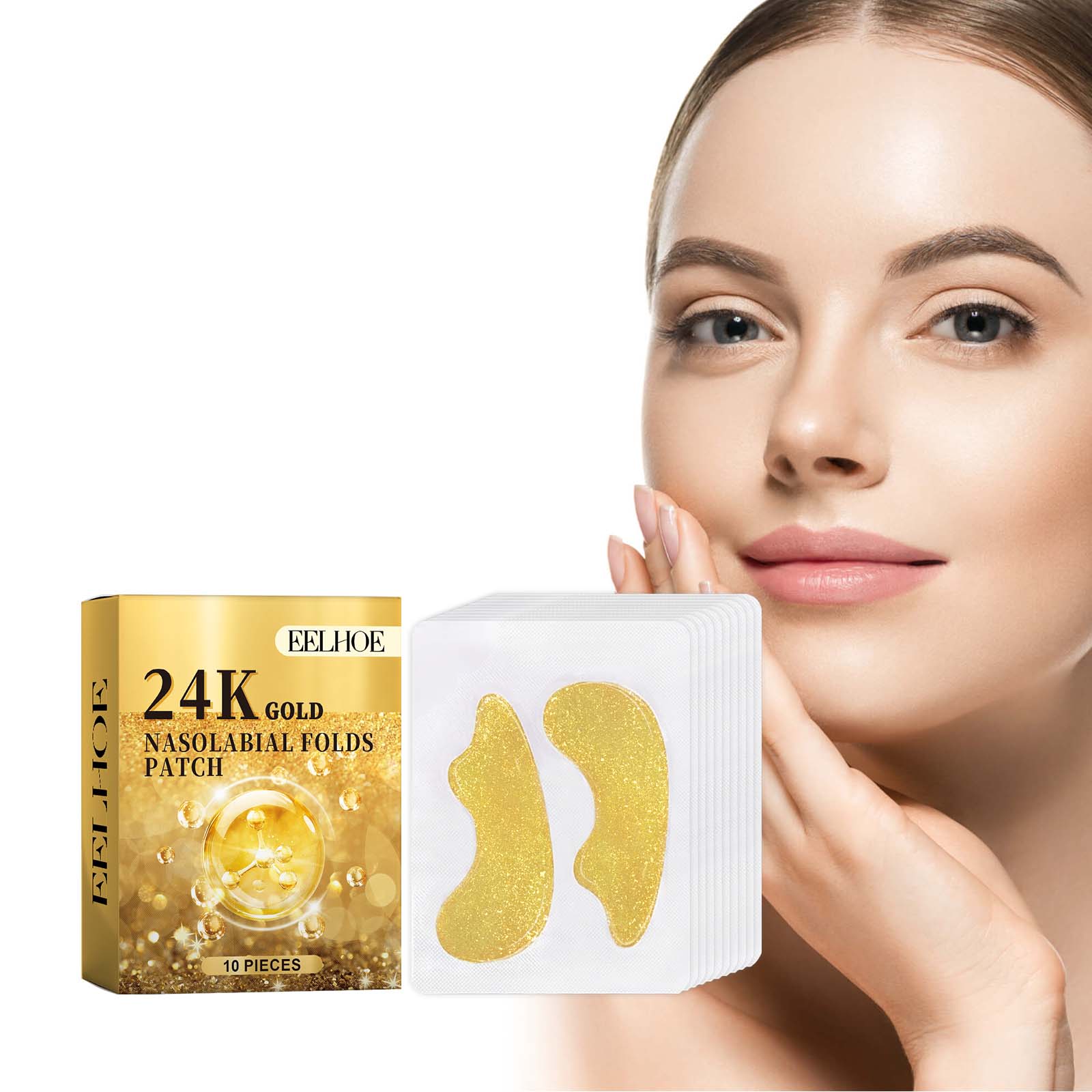 24k Gold Nasolabial Folds Patch for Firming Skin, Anti-Aging, Hydrating, Smooth ,10pcs