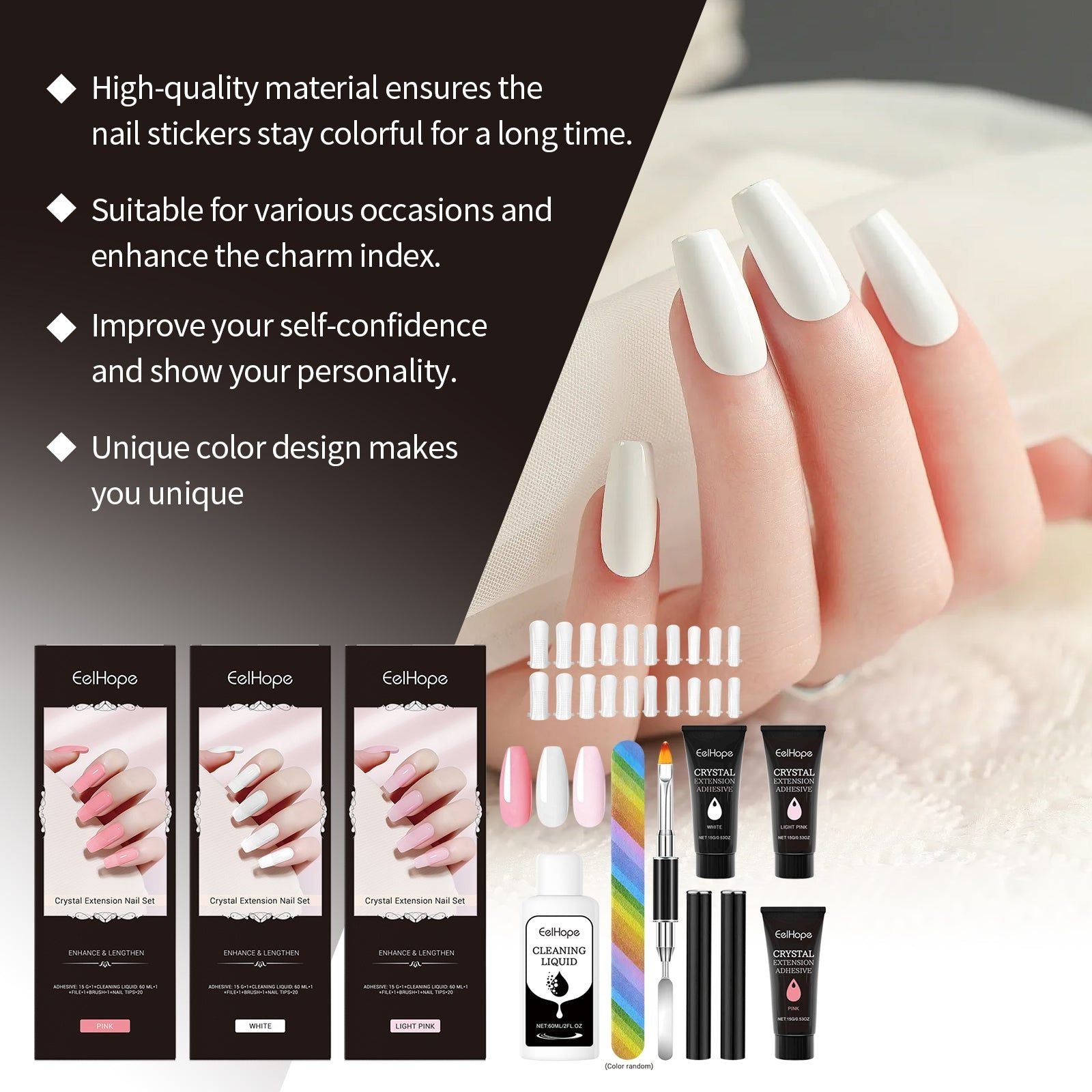 Crystal Nail Extension Set, Light Pink, White, Professional Nail Tools, Easy & Natural ,1set