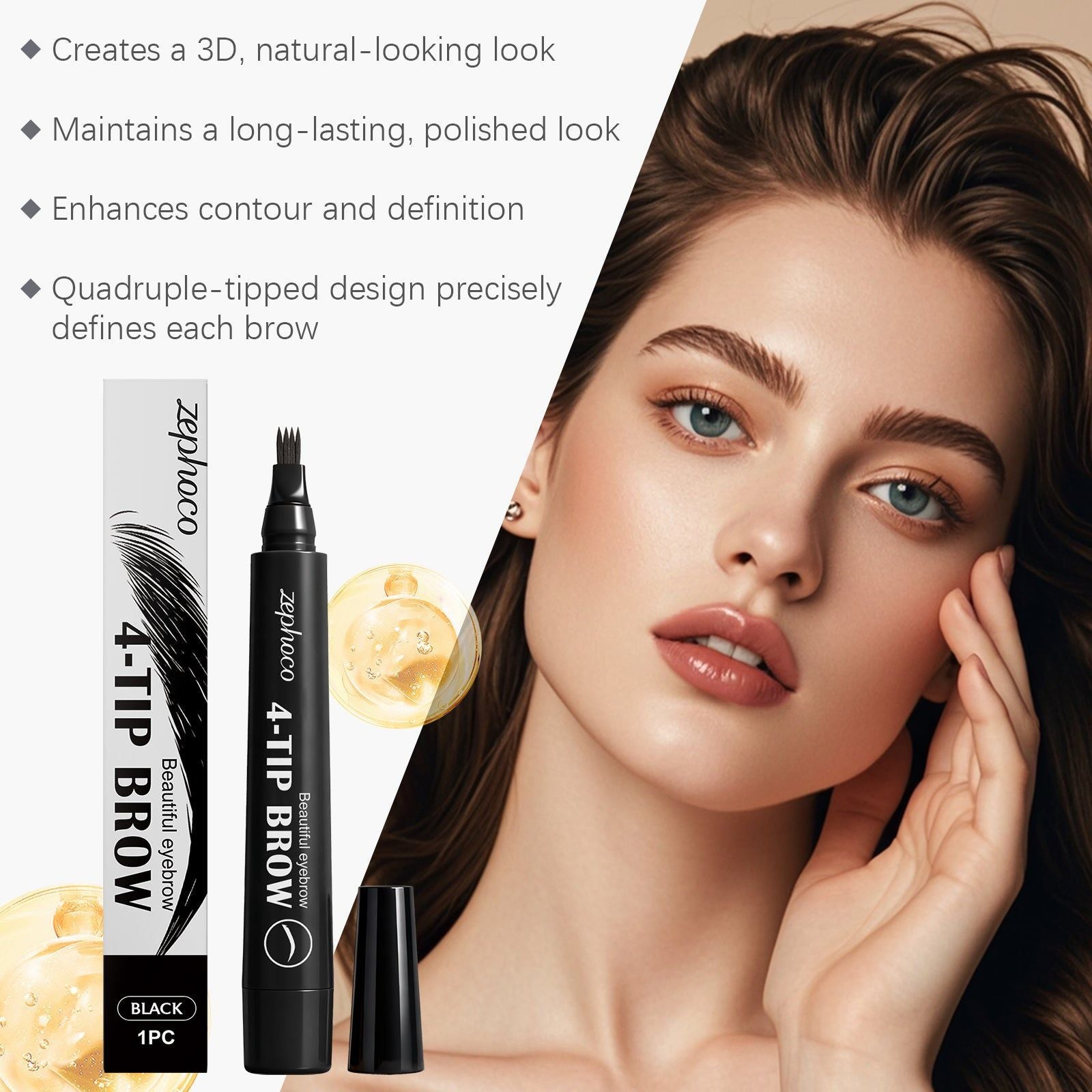 Black Four-Prong Eyebrow Pencil, Long-Lasting, Smooth, Natural, Portable, Daily Makeup ,1 pc