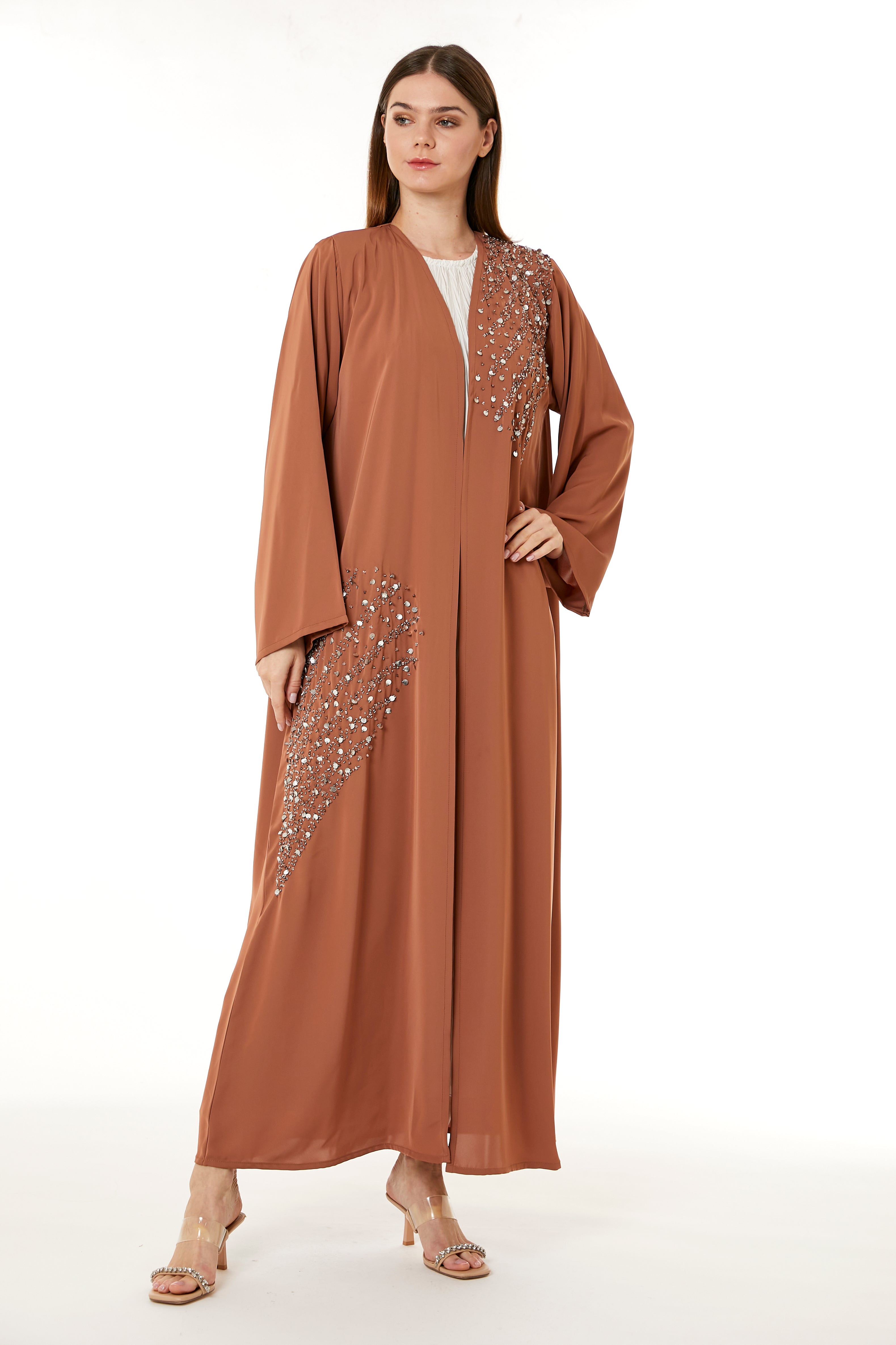 MOiSTREET Orange Korean Nida Hand Embellished Abaya