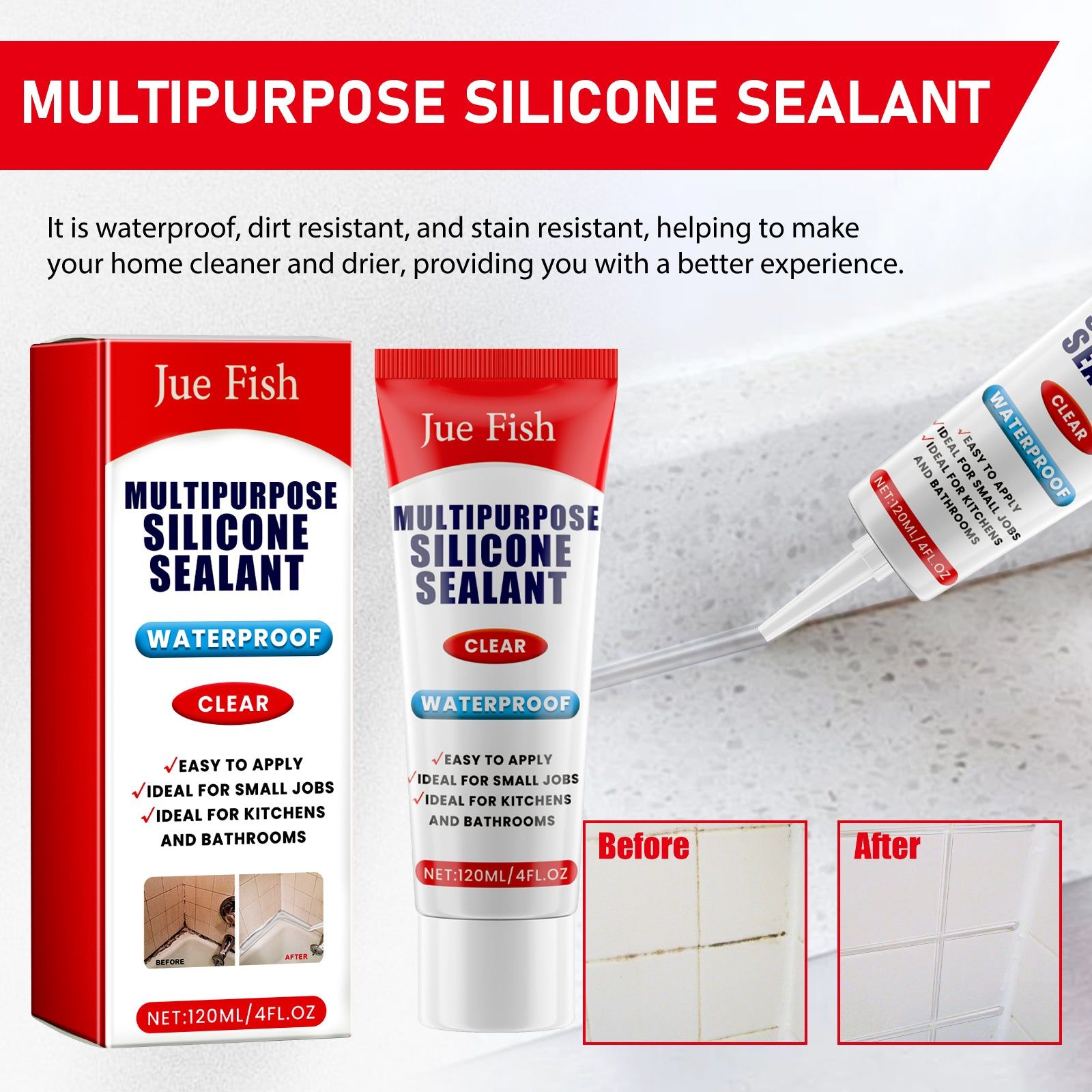 Premium Multipurpose Silicone Sealant, Waterproof, Moldproof, Kitchen Bathroom, Easy to Use ,120ml