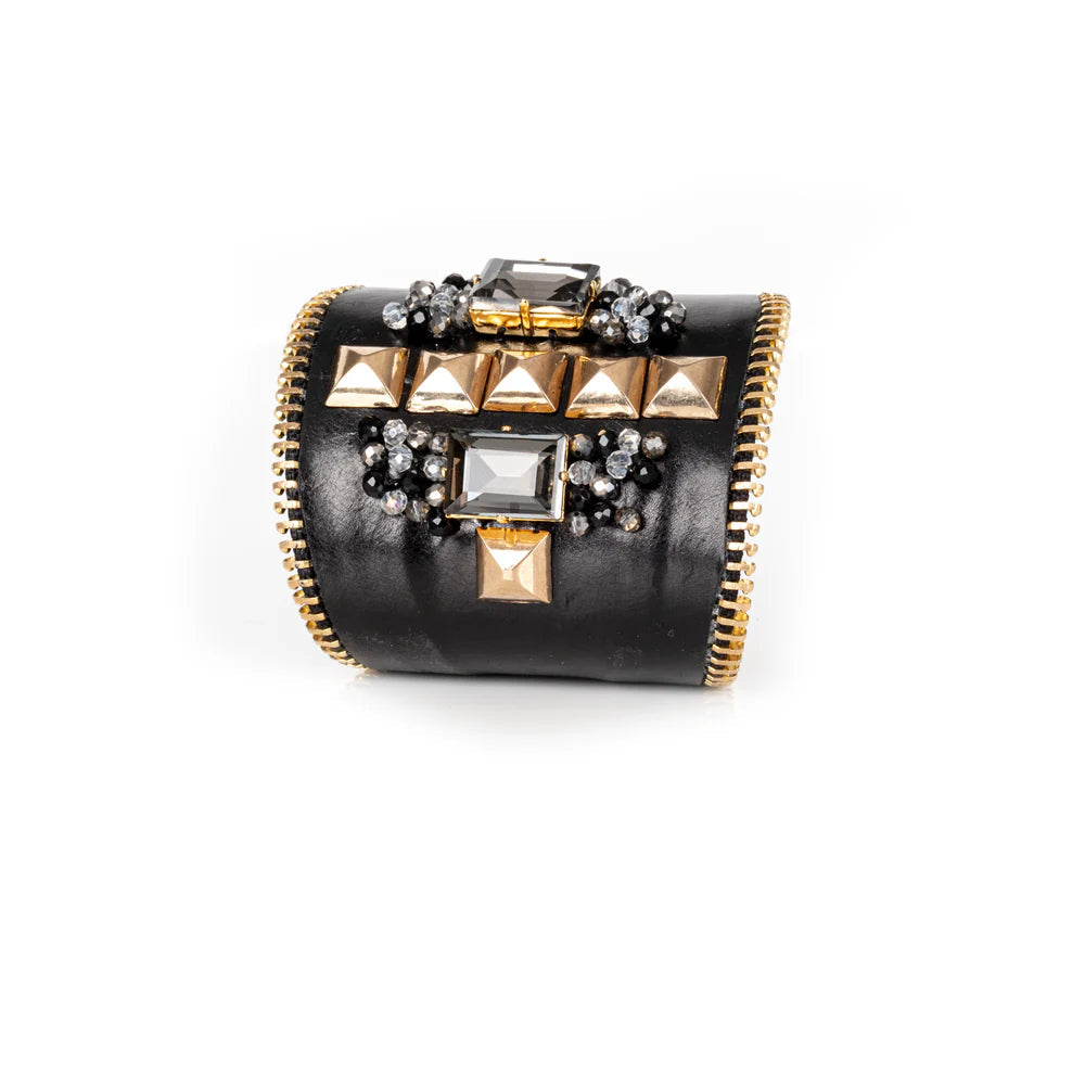The Dark Black Leather Studded Cuff with Crystals & Gold Zipper Edge