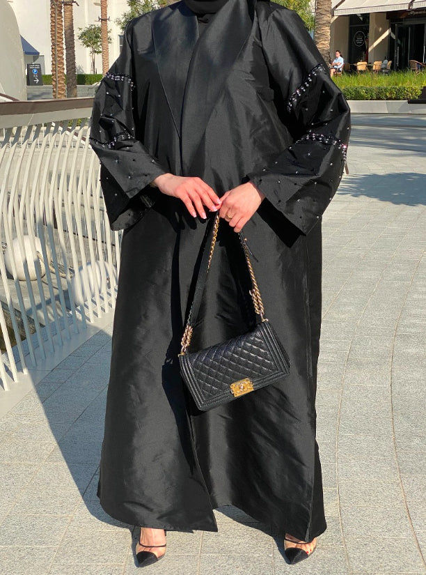 MOiSTREET Black Taffeta Abaya with Handwork
