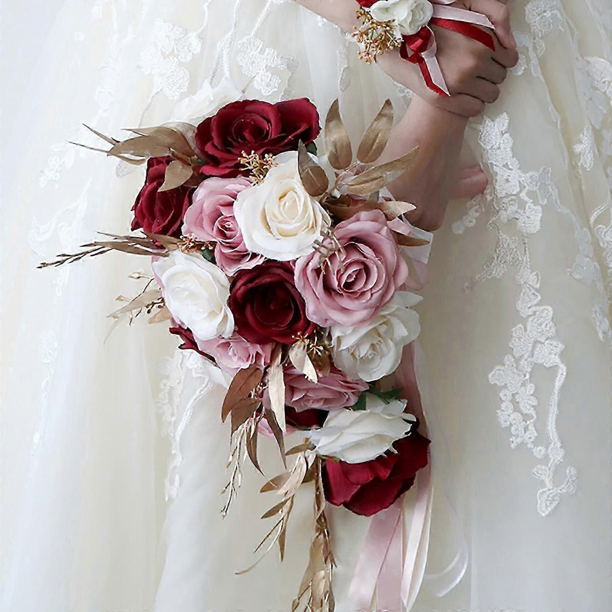 European Bridal Bouquet With Artificial Silk Flowers and Ribbon