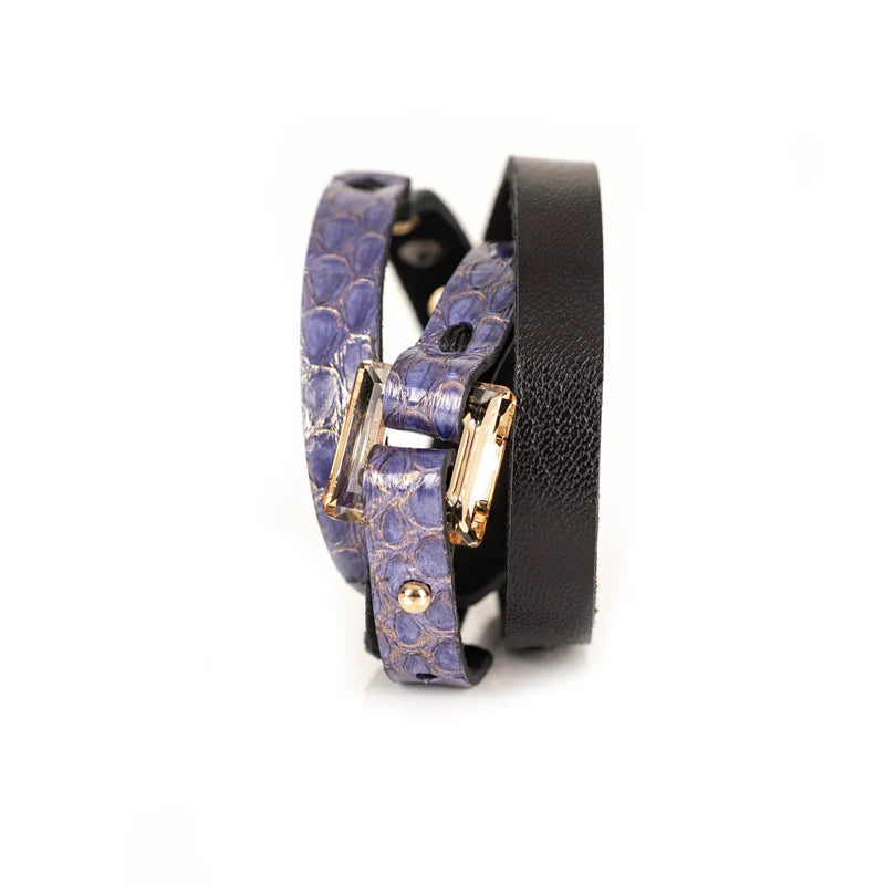 The Dark Purple Python Leather Bracelet with Rectangular Crystal