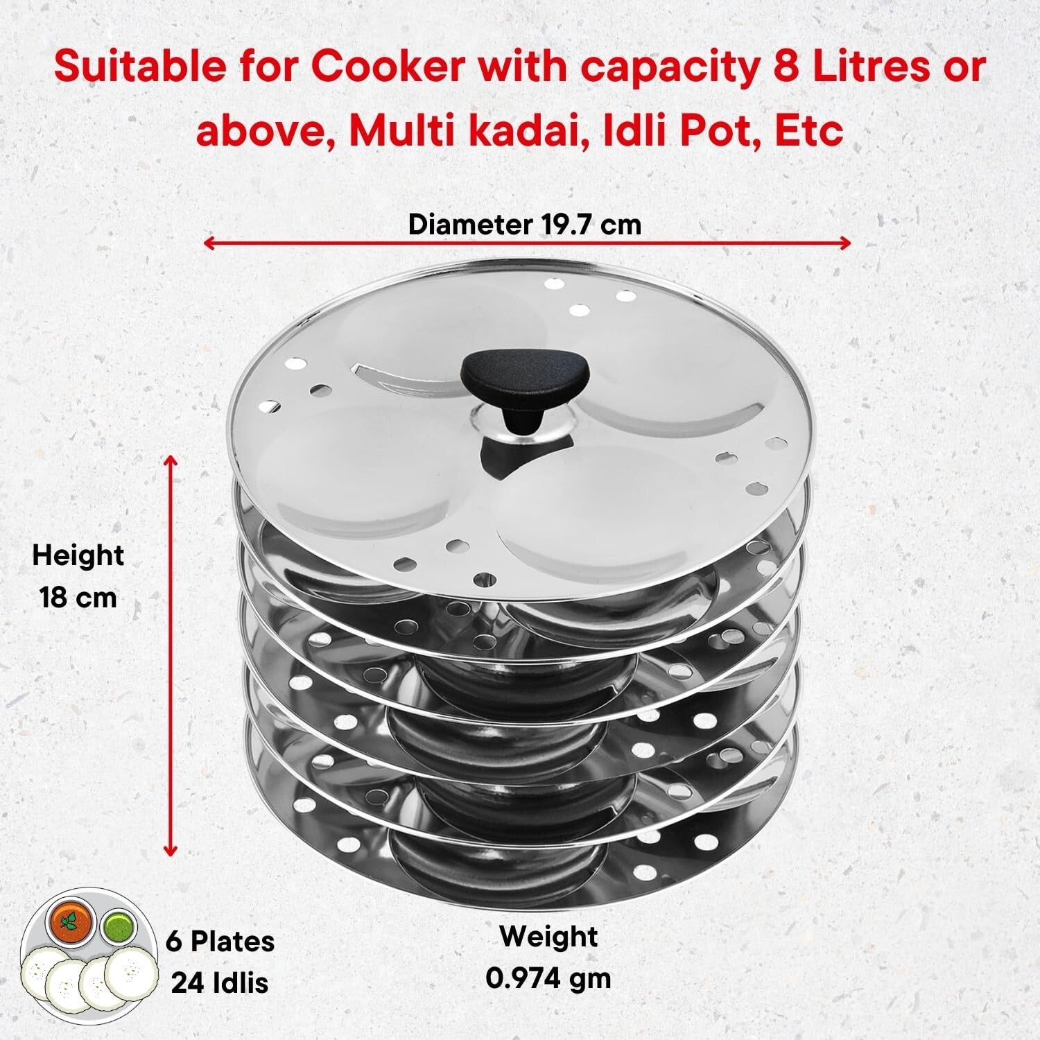 Stainless Steel 6 Idli Plates - 24 Idlis/Heavy Premium Deep Idli Plates