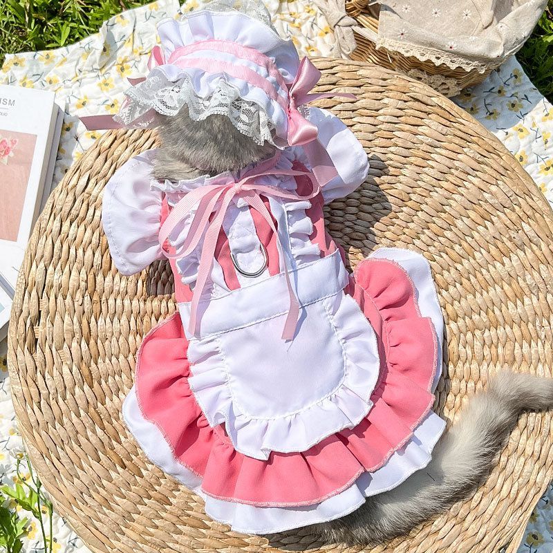 French Maid Pet Costume Dog Cat Lolita Dress Bulldog Bichon Clothing With D-ring
