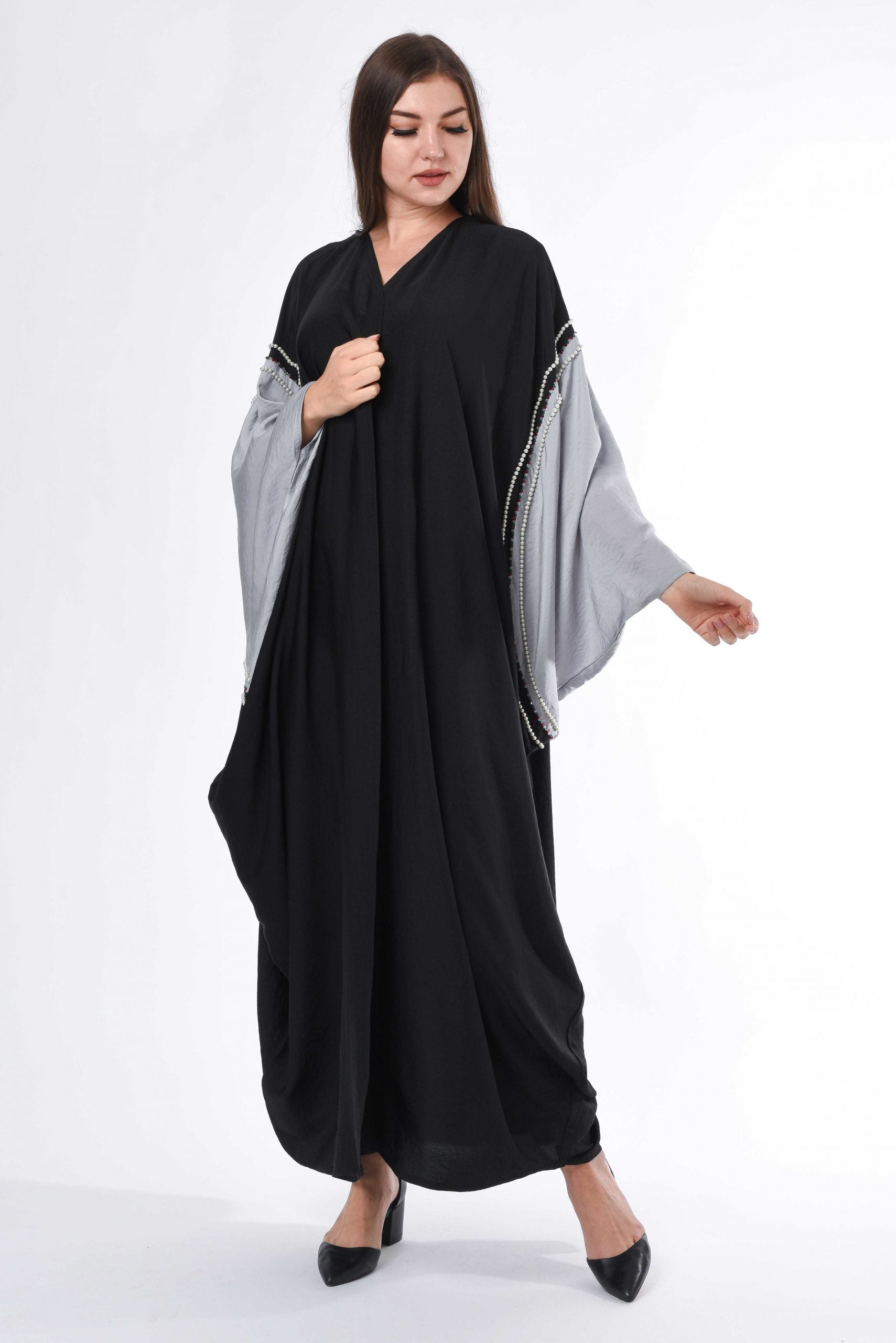 MOiSTREET Black Grey Cape Abaya with Hand Bead work