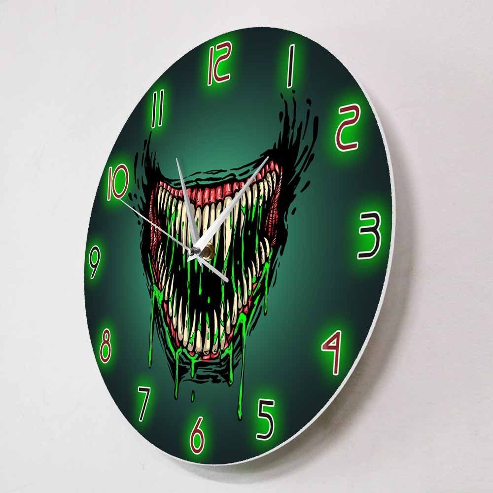 12 Inch Acrylic Horror Wall Clock Scary Monster Mouth Dark Green Room Art