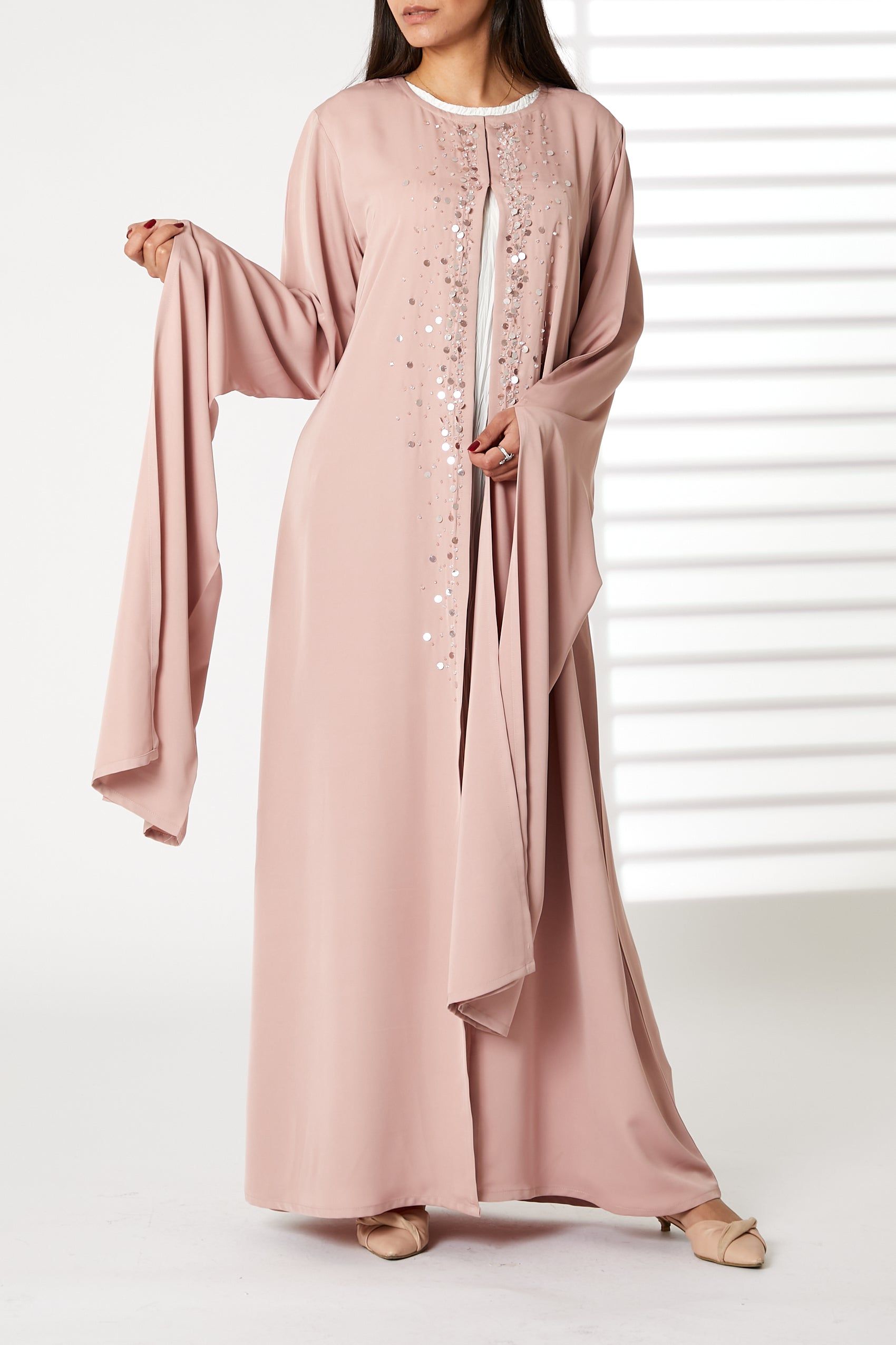 MOiSTREET Pink Round Neck Nida  Split Cuffs Embroidered Abaya